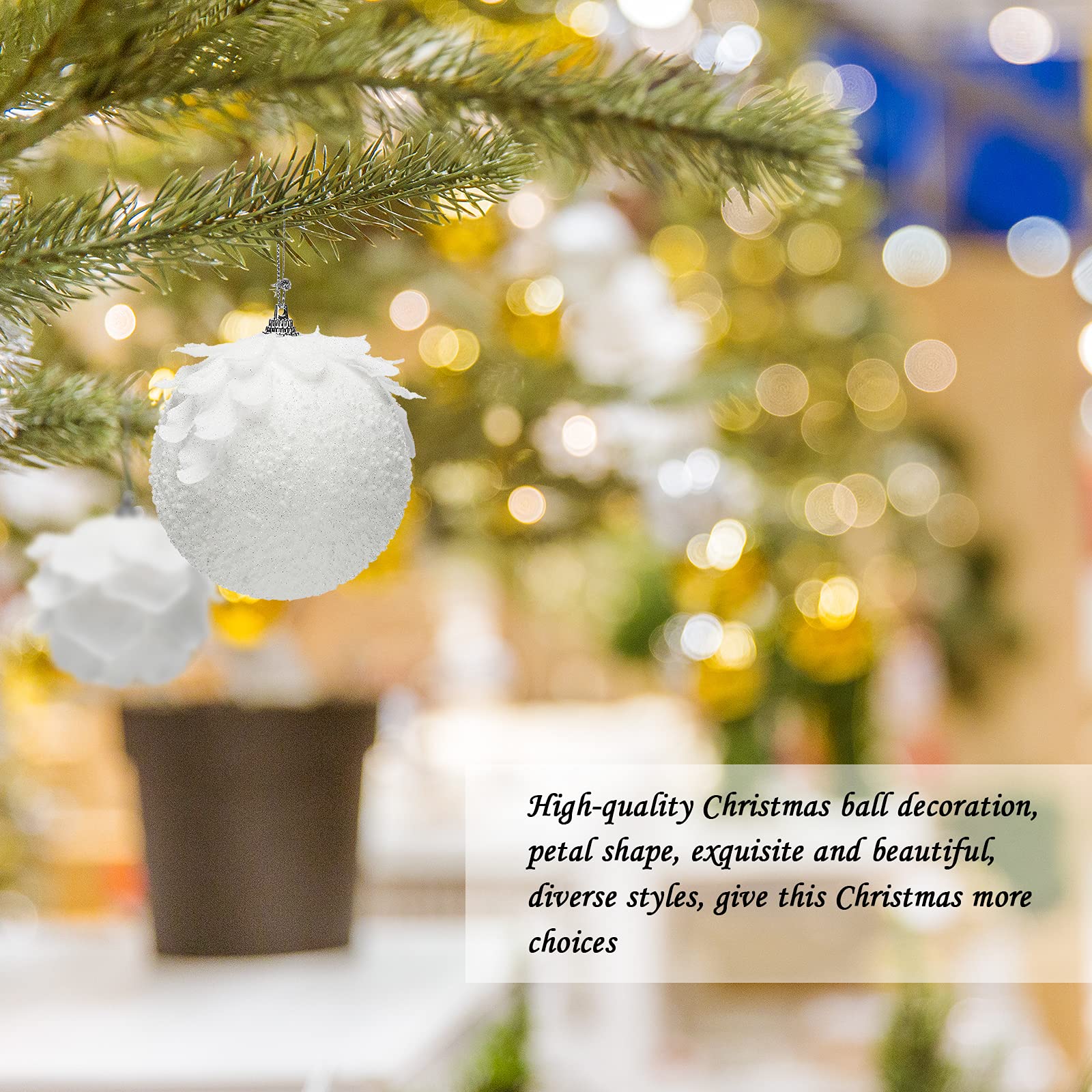 Bolas de Navidad, suministros de decoración, 6 piezas colgantes de bolas de Navidad, bolas colgantes de espuma con purpurina blanca como la nieve de 3,9 pulgadas con pétalo, adornos de bolas de árbol