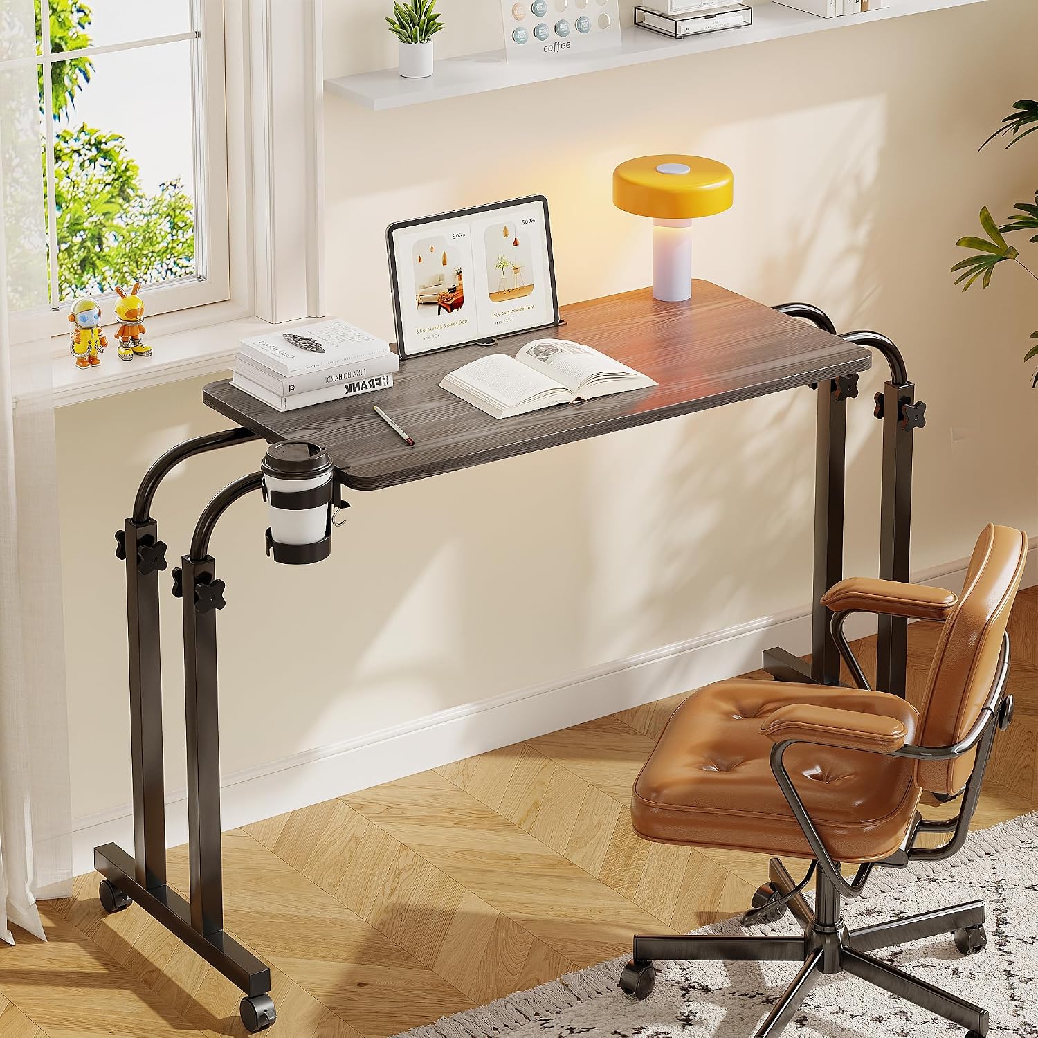 LINGMI Recliner Table, Overbed Table, Wheelchair Table with Cup Holder | Adjustable Height and Length, Heavy Duty Metal Leg Laptop Stand, Perfect Use for Hospital Bed, Treadmill
