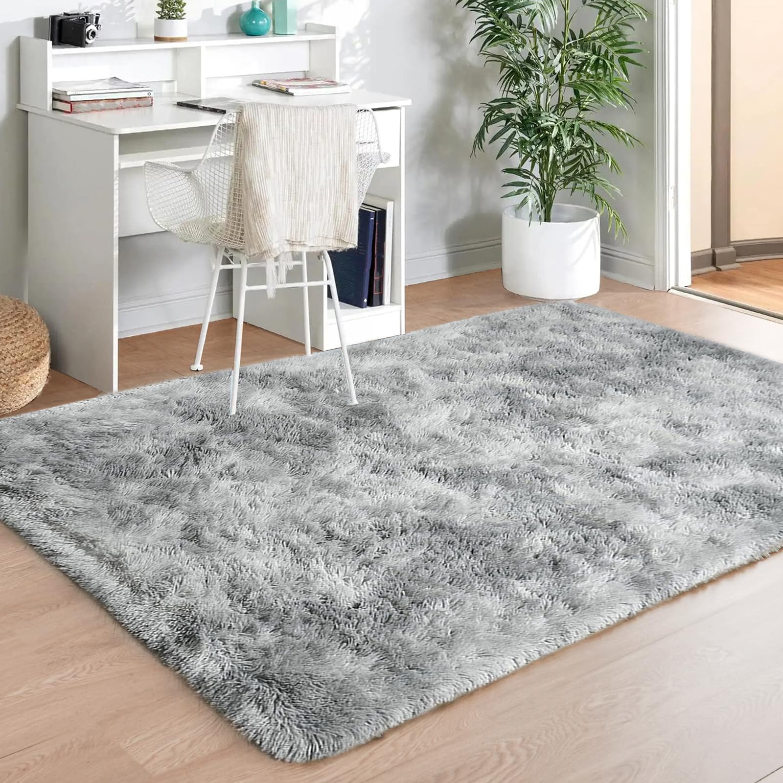 Hochflor Teppich Wohnzimmer Flauschig Shaggy Weich Modern Grau Teppich Schlafzimmer Kinderzimmer Deko Langflor Teppiche Groß rutschfest Plüsch-Teppiche (Grau Weiß, 160 x 230 cm)