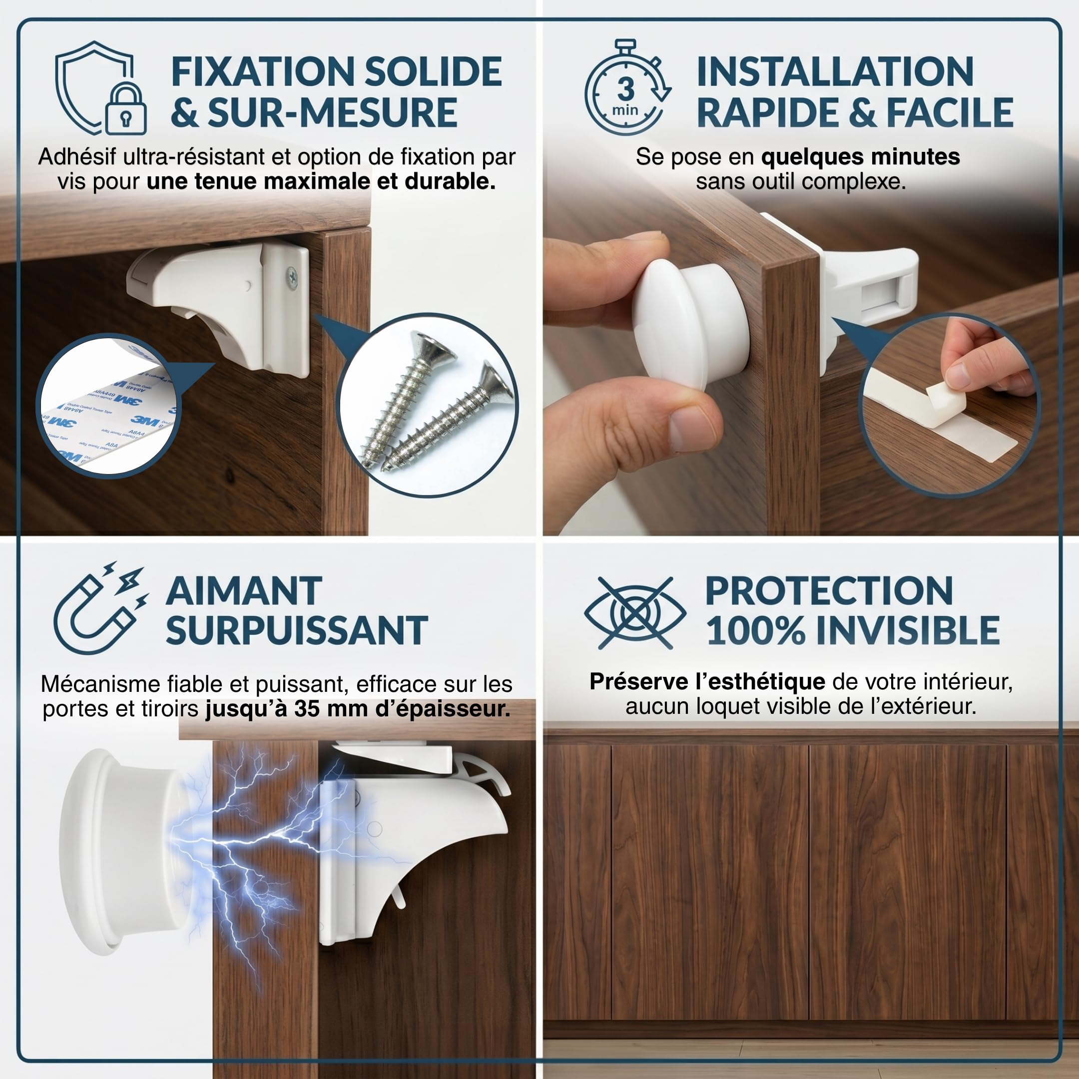 Serrure Magnétique Invisible pour Sécurité Enfant et Bébé – 10 Verrous & 2 Clés – Protection pour Placards, Portes & Tiroirs – Blocage Avec Ou Sans Perçage