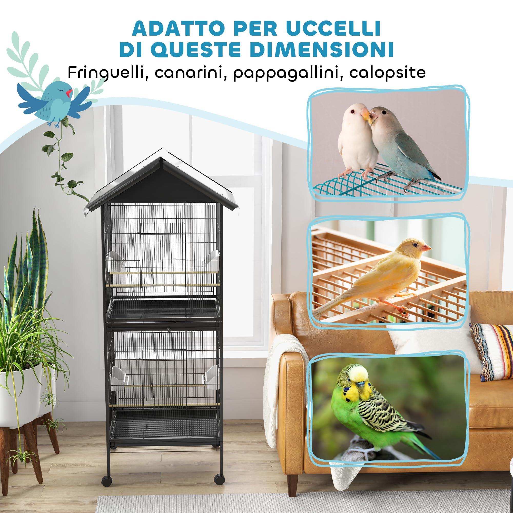 PawHut Voliera per Uccelli a Rotelle con Vassoi Estraibili in Plastica e Posatoi, Gabbia per Canarini in Metallo, 168 cm, Nero