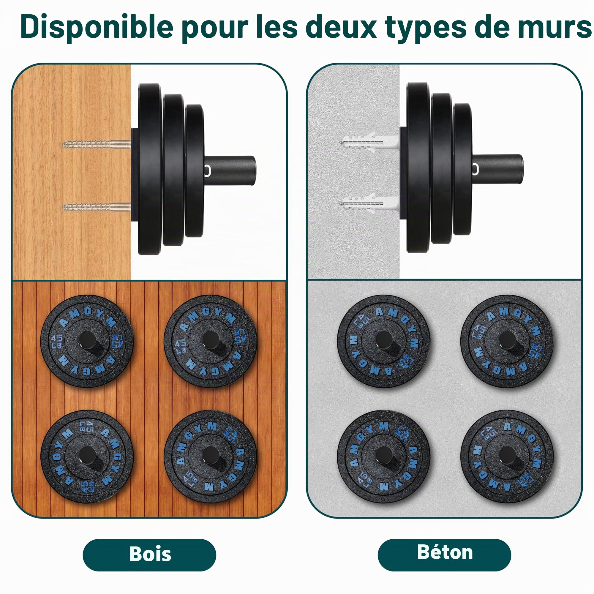 Lot de 4 supports de plaque de poids à fixation murale pour disques olympiques de 5,1 cm