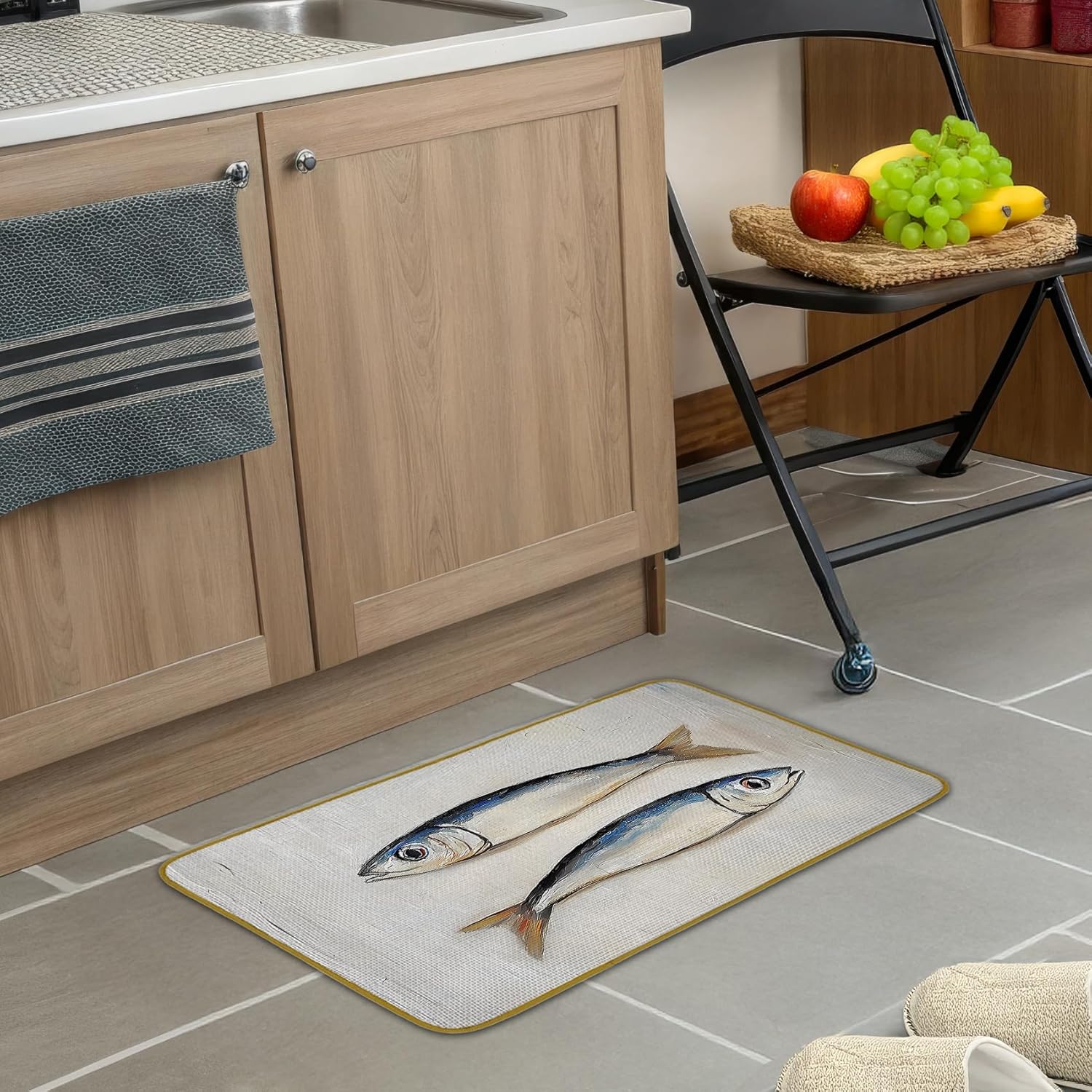 Coastal Beach Sardine Fish Decor Rug Doormat, Ocean Fish Floor Mat, Lobster Rope Vintage Coastal Ocean Beachy Welcome Doormat for Home Indoor Outdoor Front Door Porch Entrance (17 x 30 Inch)