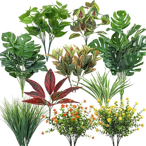 Ouddy Decor 18 Pcs Artificial Plants Outdoor, Fake Boxwood Plants UV Resistant Artificial Flowers Greenery Stems Faux Shrubs for Indoor Outdoor Porch Patio Garden Spring Summer Home Decor