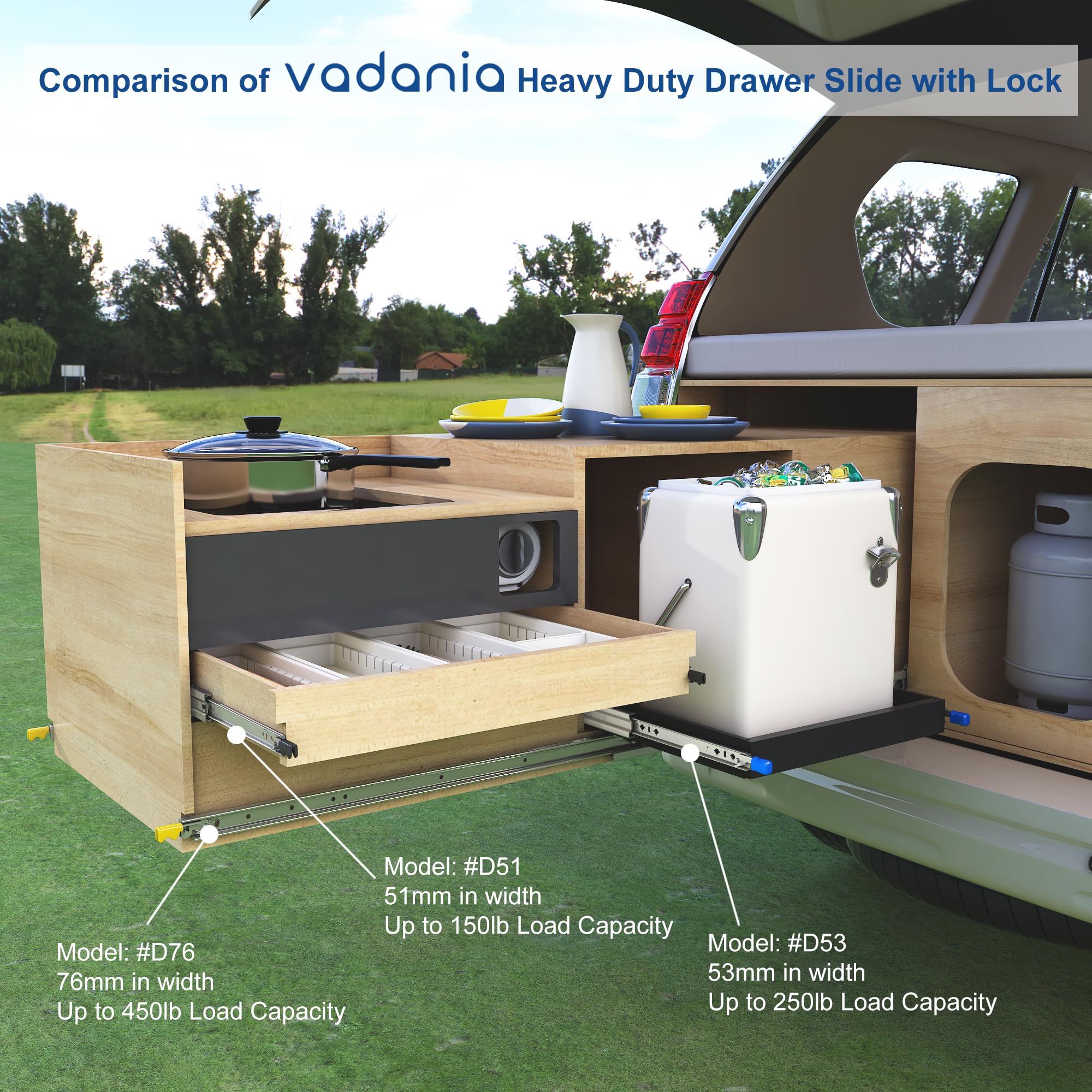 VADANIA 300 mm Guías para cajones de alta resistencia con cerradura #D53, 53 mm de ancho, capacidad de carga de hasta 120 kg, extensión total de 3 voltios, montaje lateral, 1 par