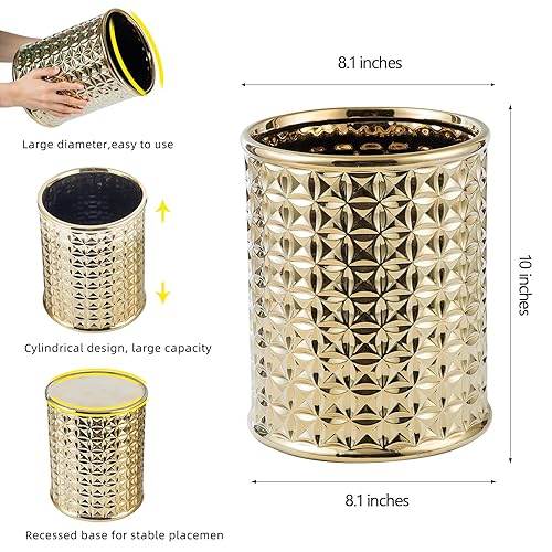 Miniatura 2 de Bote de basura de cerámica dorada, cubo de basura redondo para tocador de baño y escritorio de cocina, bote de basura pequeño duradero con tapa,