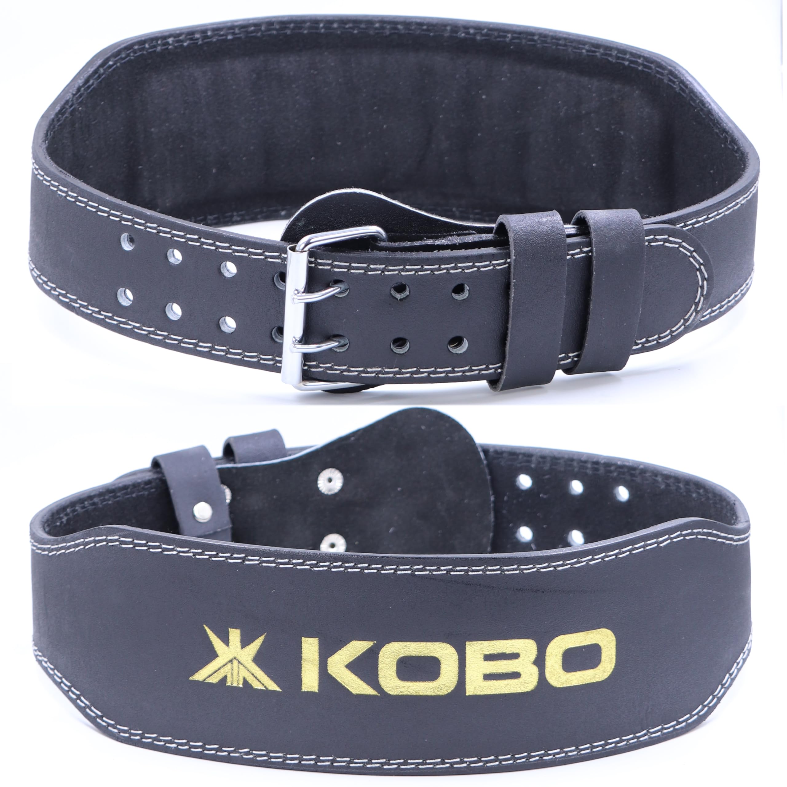 Kobo Weight Lifting Belt Gym Fitness, Natural Genuine Leather 4” Padded Back Support, 8 Adjustable Holes, Weightlifting