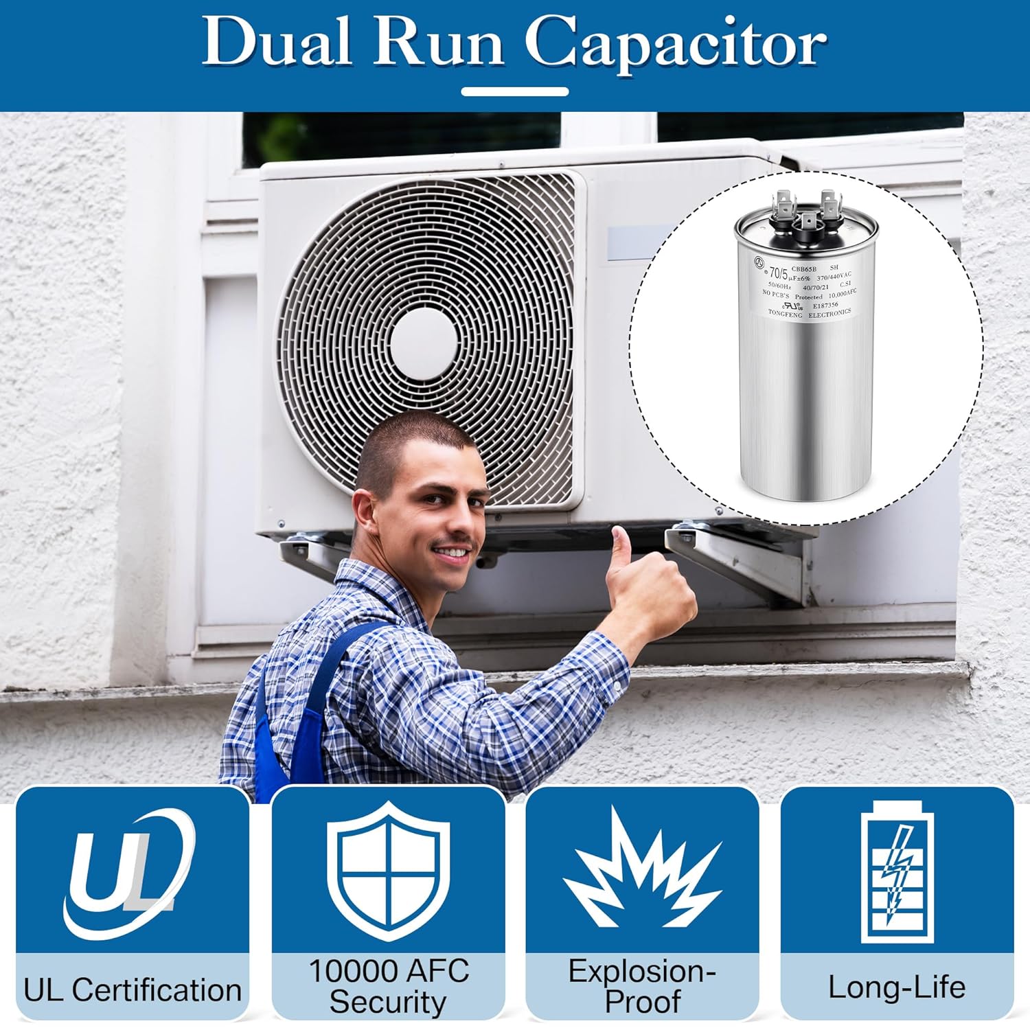 Umigy 2 Pack 70/5 uF 70+5 MFD 370/440VAC Dual Run Round Capacitor, CBB65B Air Conditioner Capacitors for AC Motor Run, Condenser Straight Cool, Heat Pump, Fan Start, Pool Pump, HVAC Capacitor