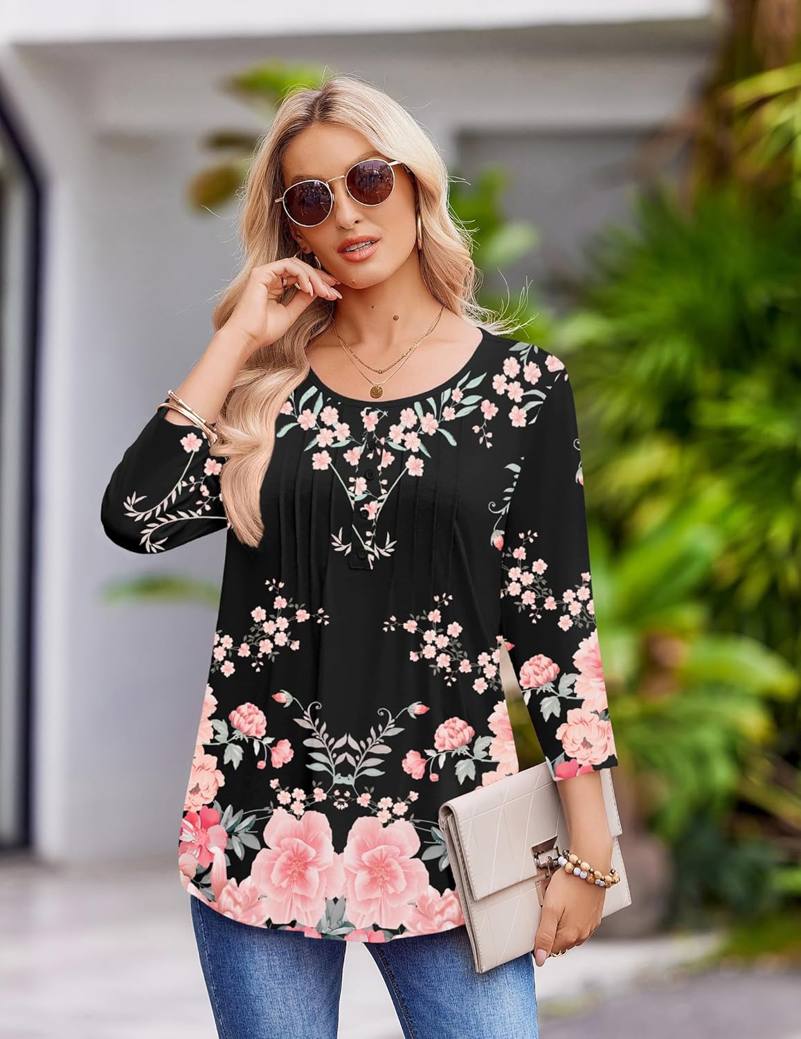 Zeagoo 3/4 Length Sleeve Womens Tops Round Neck Casual Summer Tunic Tops Basic Tees Blouses Dressy T-Shirts Pleated Shirts - Image 5