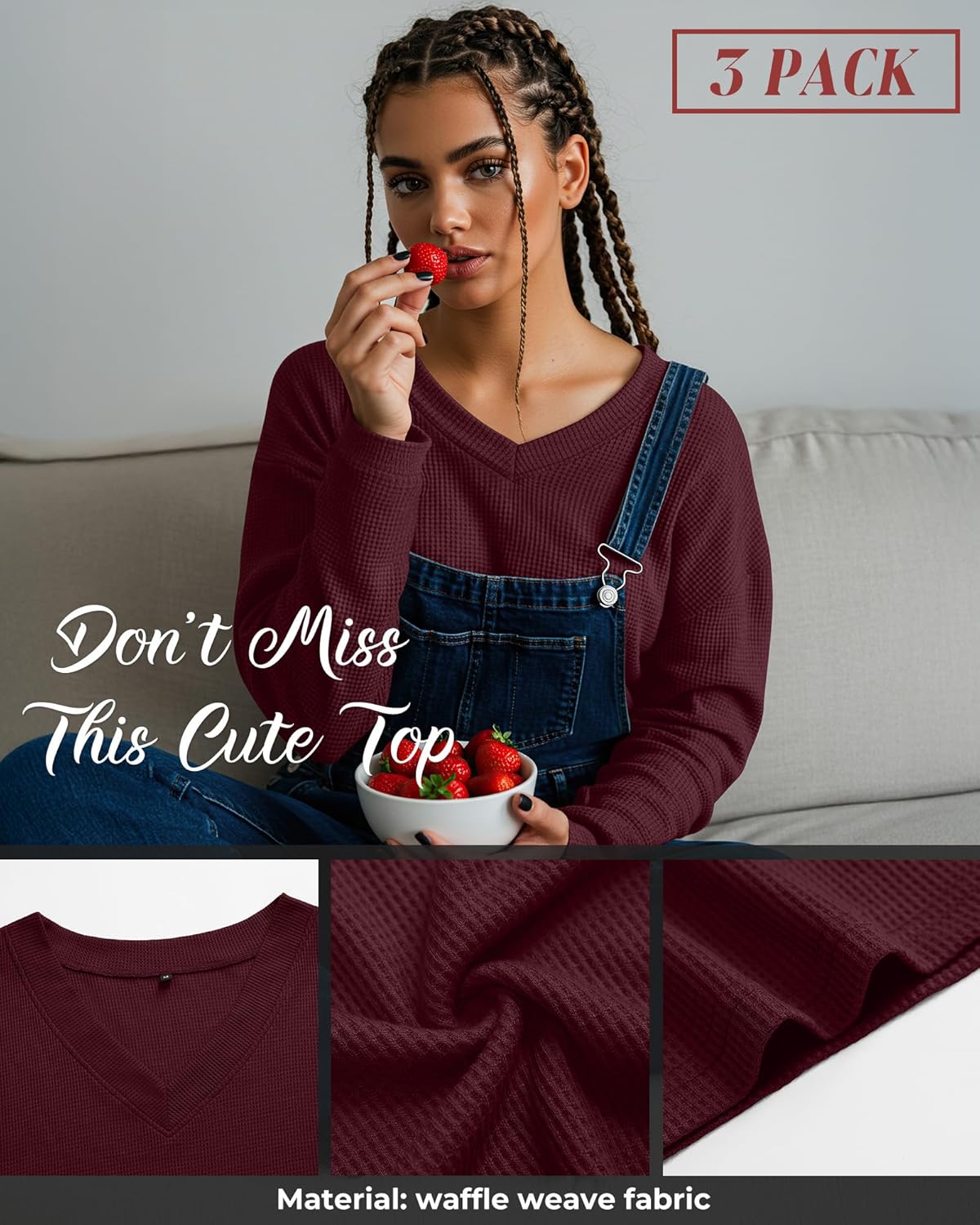 3 Pack Women's Oversized Off The Shoulder Tops Waffle Knit V Neck Casual Shirts Loose Fit Long Sleeve Tees - Image 4