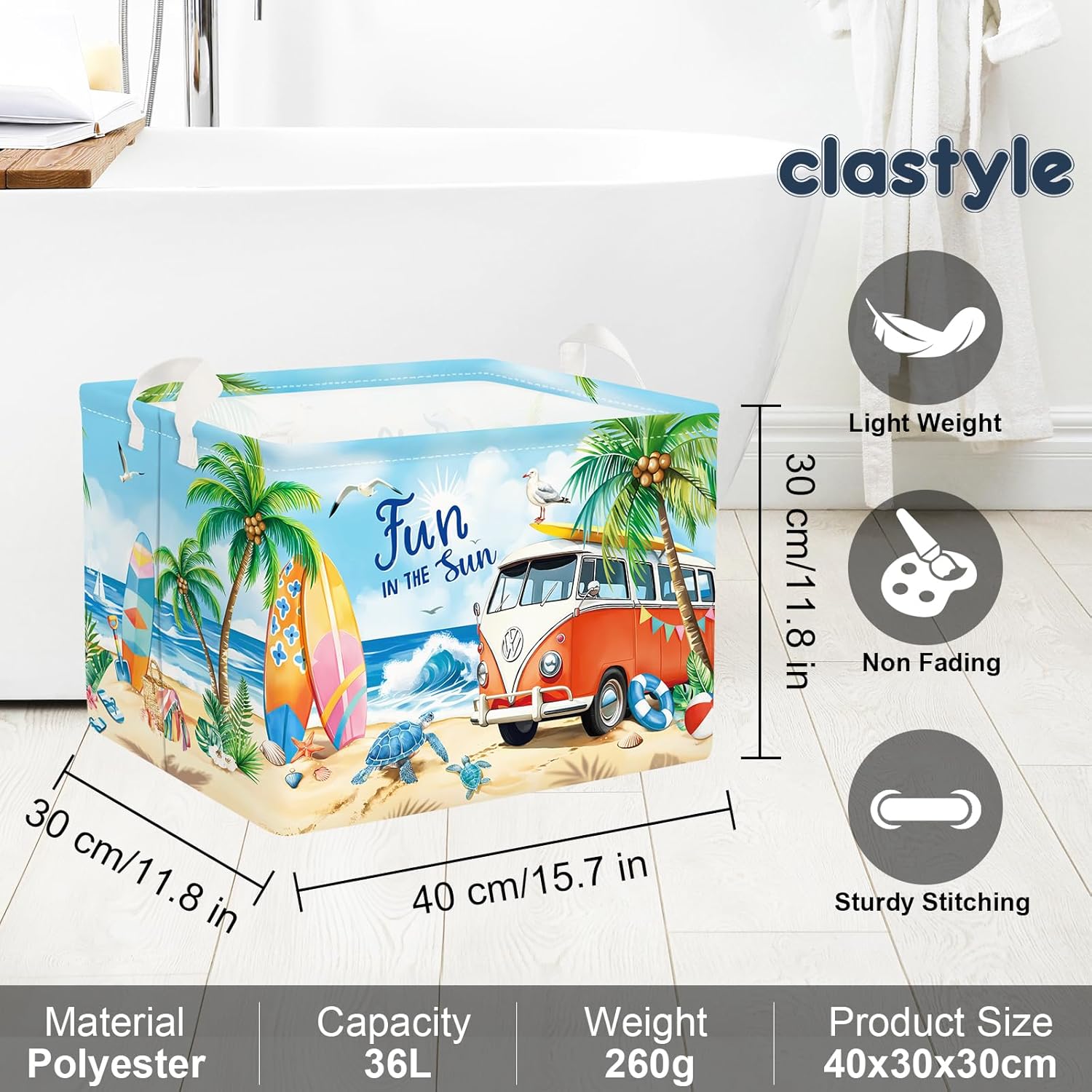 Clastyle Blue Beach Camping Picnic Basket Tropical Tree Caravans Shower Gift Storage Basket Outdoor Pool Seaside Towel Blanket Clothes Toy Bin, Surfing, 40x30x30 cm