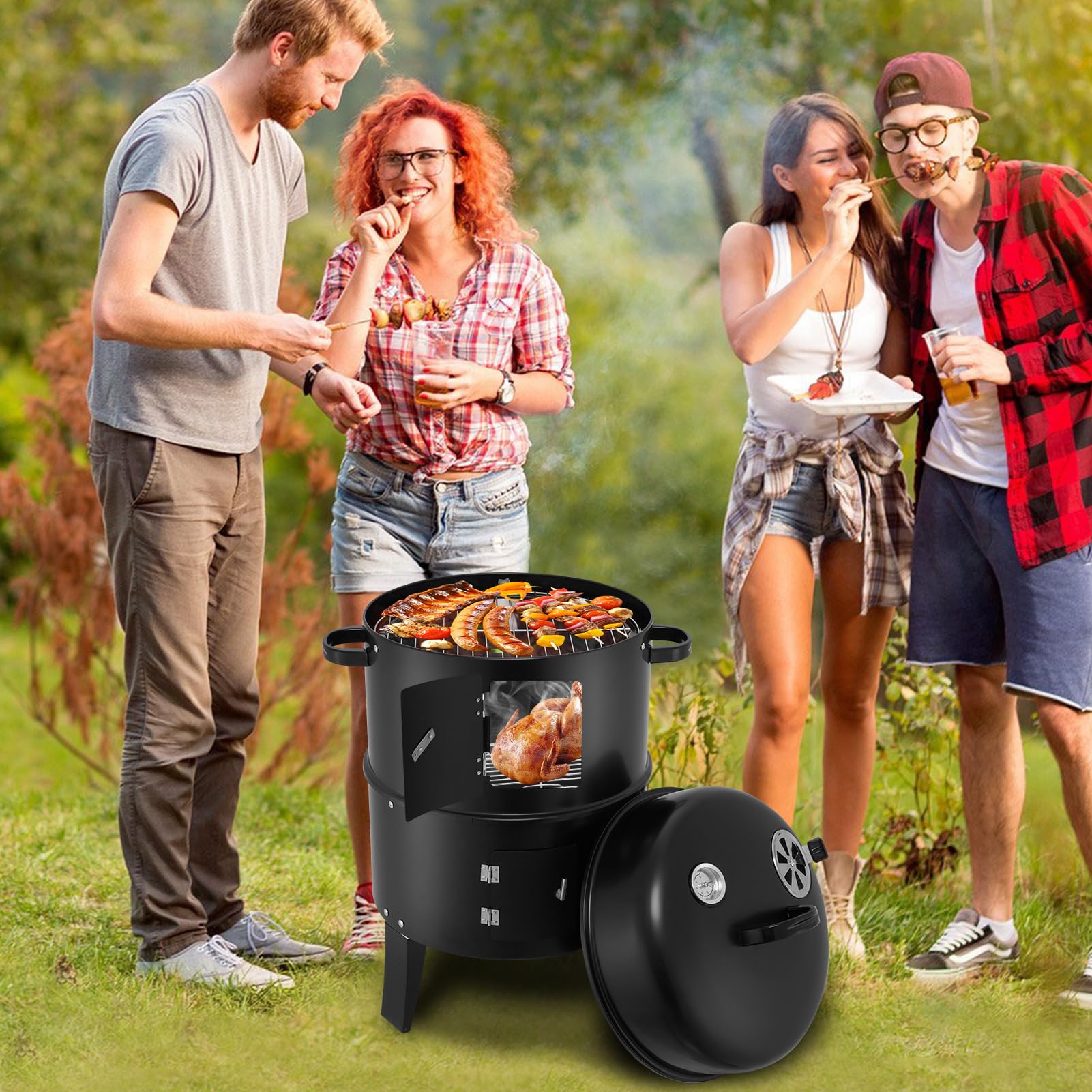 Horno 3 en 1 para ahumar, parrilla de carbón vegetal con tapa | Barbacoa para ahumar Barbacoa camping Barbacoa & Garen Barbacoa multifunción para ahumar