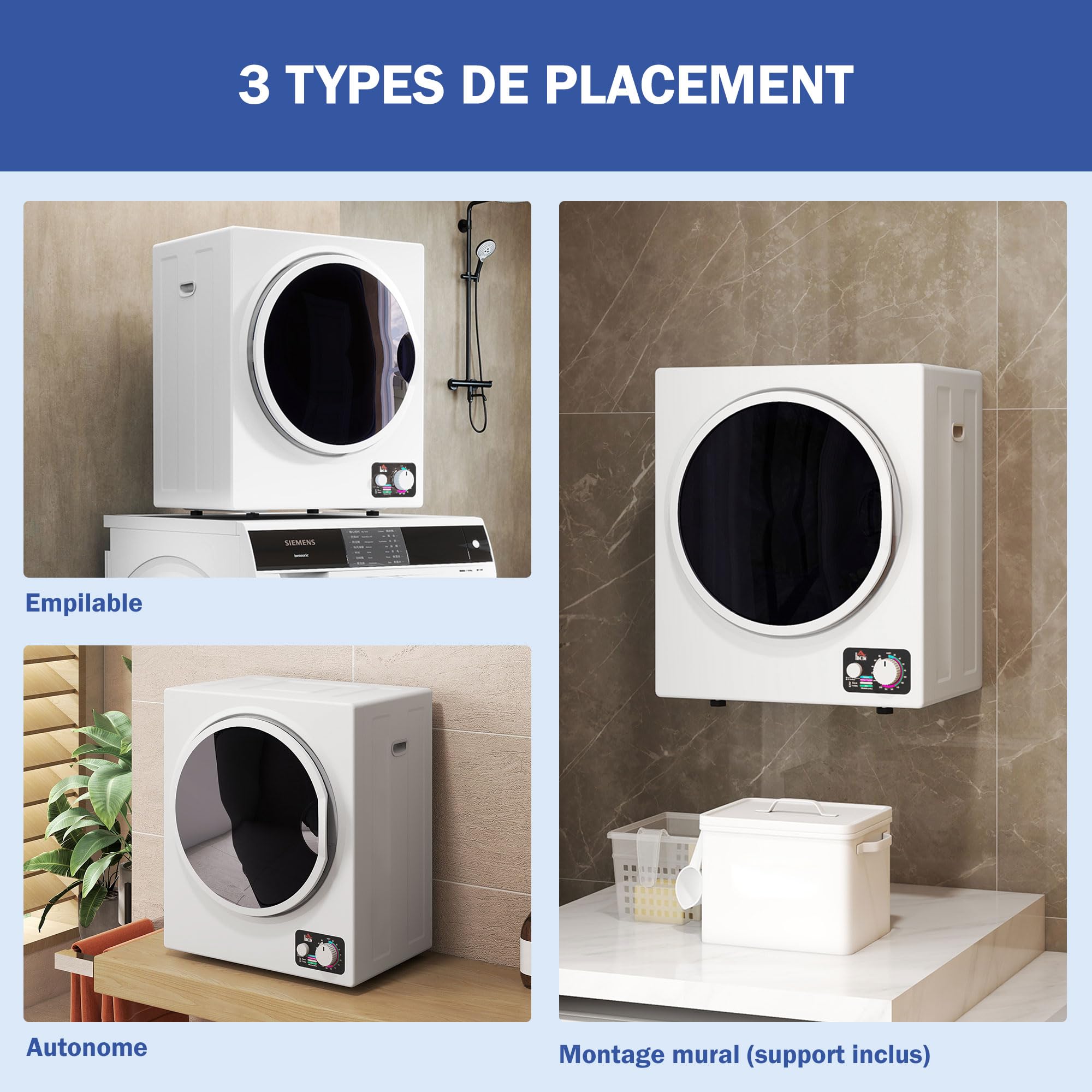 HOMCOM Secadora portátil con tubo de evacuación, secadora eléctrica 850 W, 4 Kg, 4 modos de secado, 2 niveles de calentamiento, tambor de acero inoxidable, instalación en pared, para apartamento