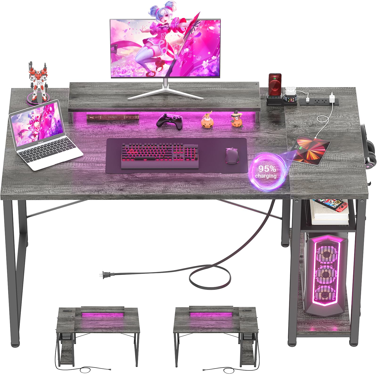 armocity Computer Desk with LED Lights, Gaming Desk with Power Outlet and USB, 40 Reversible Laptop Table with Moveable Monitor Stand, Small Desk for Small Spaces, Office, Gaming Room, Grey