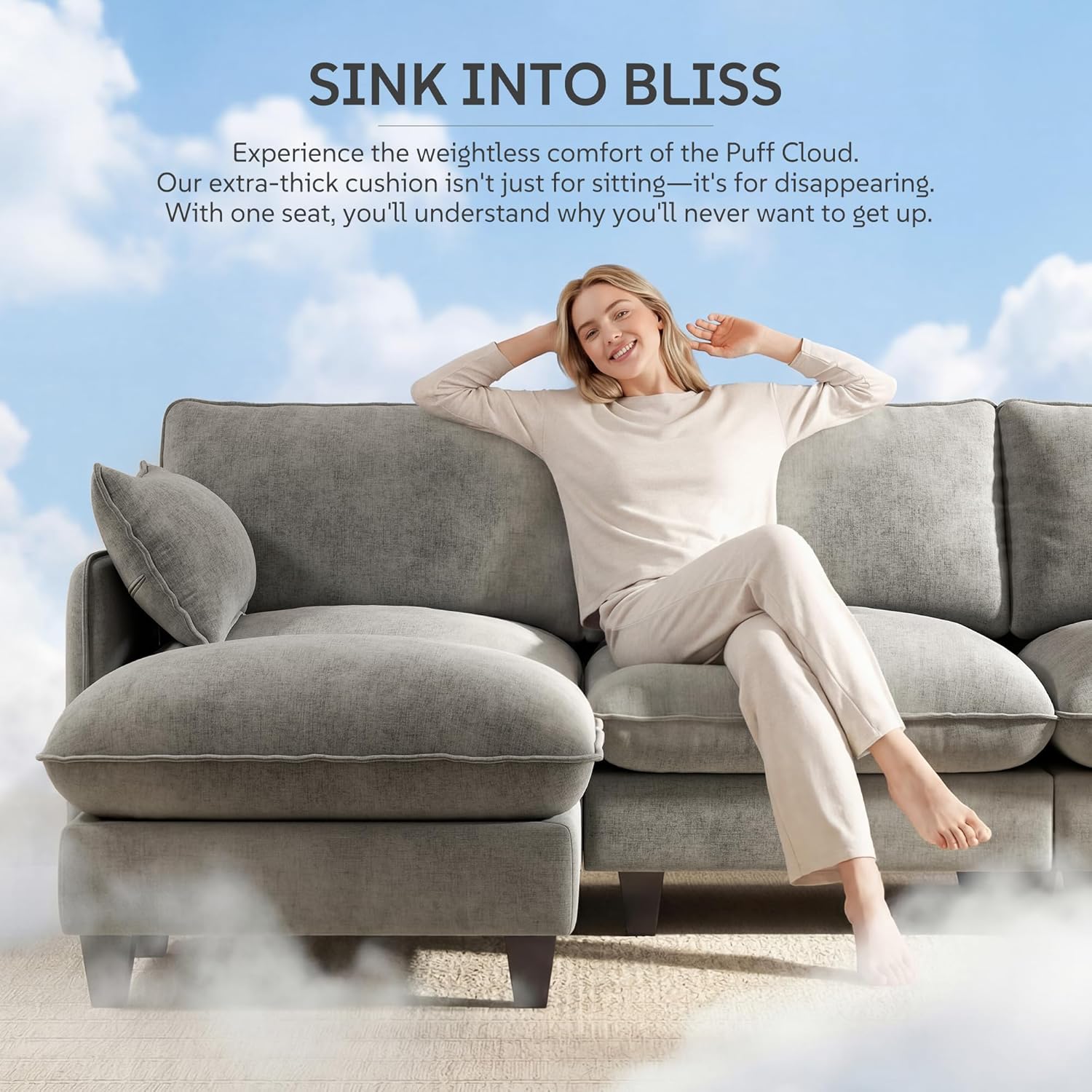 Ihanherry 139" U-Shaped Modular Sectional Couch, Oversized Cloud Sofa with Large Cushions & Movable Ottoman, Chenille Deep Seat Sectional for Living Room, Gray | Modular Design, Large Cushions, Deep Seat, Premium Chenille, Spacious Seating