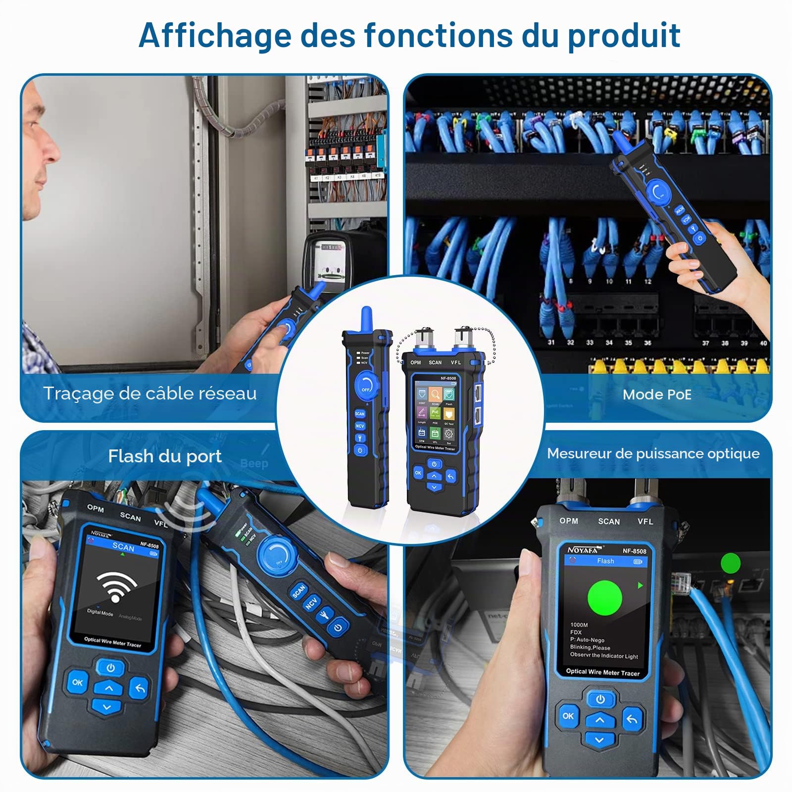 Testeur de câble réseau avec compteur de puissance optique PoE multifonction, traqueur de fils RJ11 RJ45 LAN câble toner Cat5 Cat6 câble Ethernet traceur avec NCV, prise en charge de type C, B