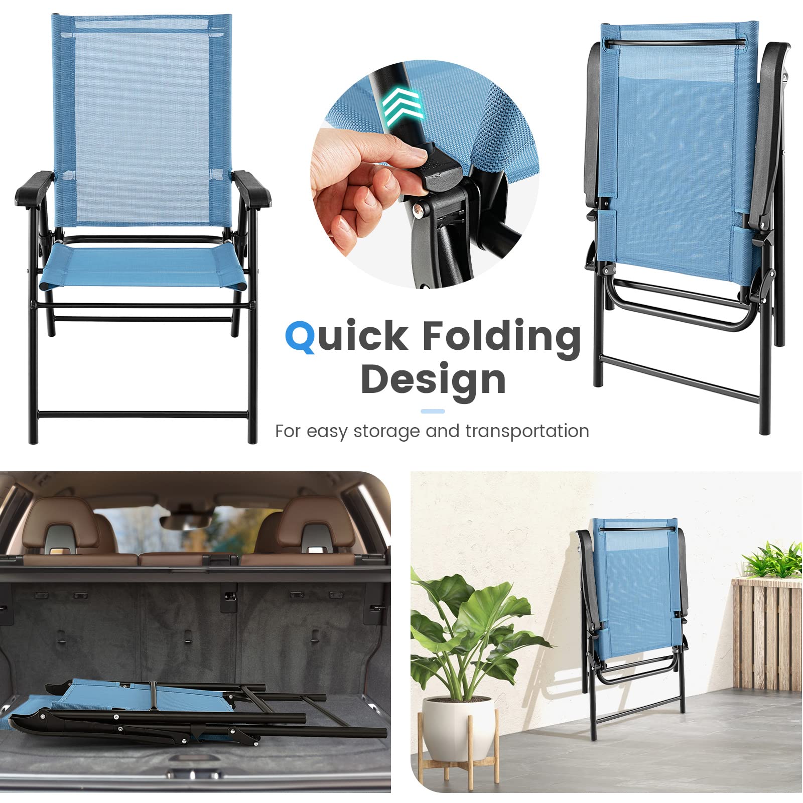 KOMFOTTEU Set di 2 sedie pieghevoli da balcone, portatili, da giardino con schienale, per terrazze, resistenti alle intemperie, pieghevoli, per giardino, balcone, terrazza (blu)
