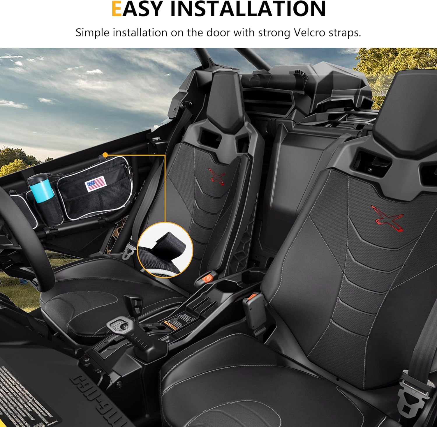 X3 Door Bags Compatible with 2017-2024 2025 Can Am Maverick X3 Front Upper Side Door Storage Bag with Cup Holder Removable Knee Pads Interior Accessories, 1 Pair Black with US Flag