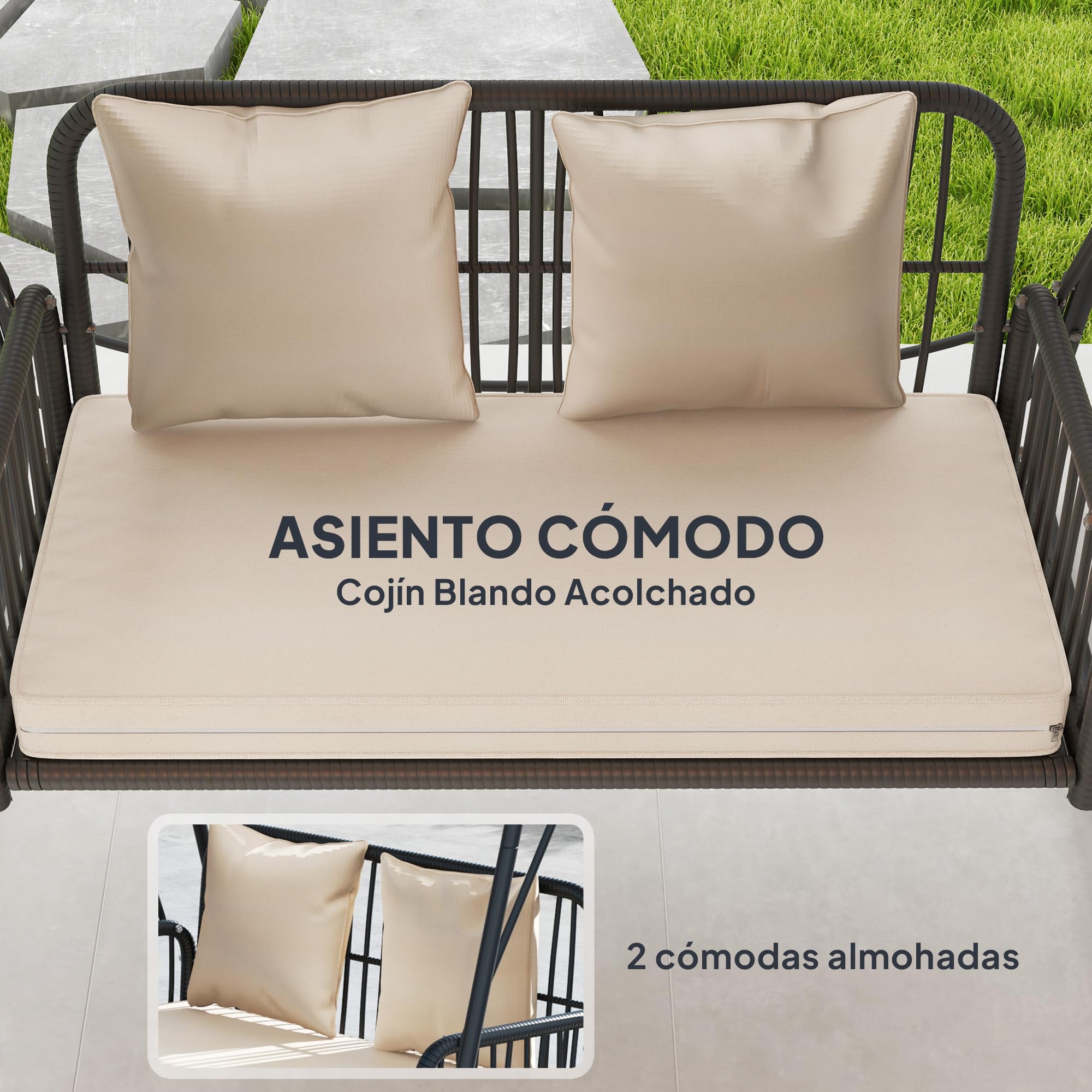 Outsunny Columpio de Jardín de 2 Plazas Balancín de Jardín Exterior con Toldo Retráctil Cojines y Estructura de Acero con Ratán PE Anti-UV para Balcón Terraza Patio Carga 240 kg 149x121x180 cm Caqui
