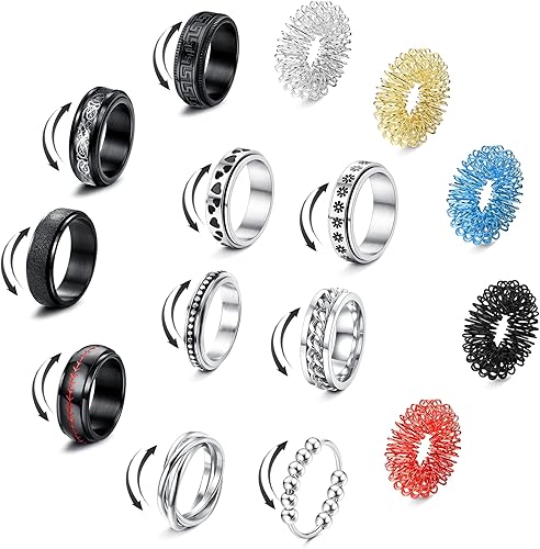 Juego de 6 anillos de acero inoxidable para mujer, diseño de luna y estrella, circonita cúbica, acabado explosivo, anillos giratorios para aliviar