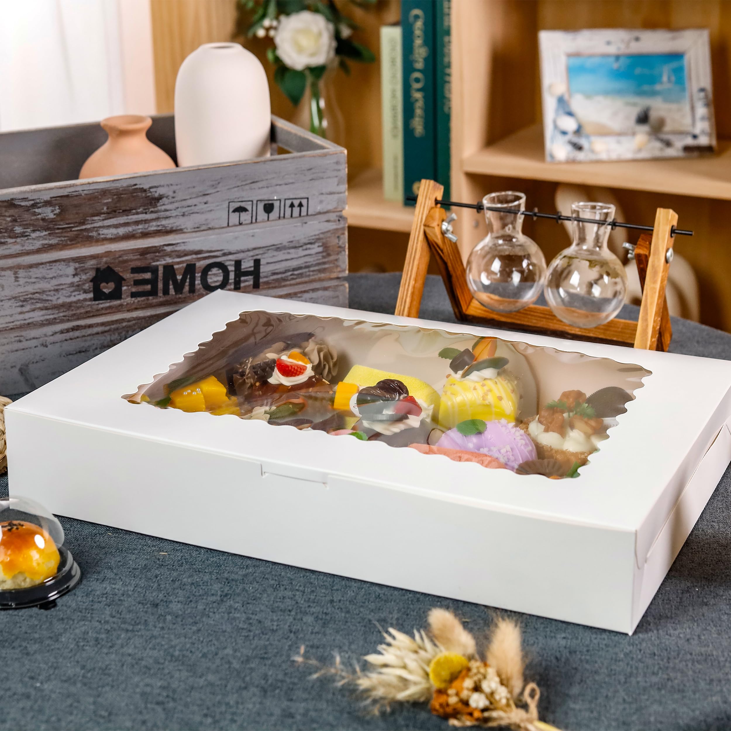 NPLUX Paquete de 40 cajas de galletas de 16 x 11 x 2.5 pulgadas, cajas de panadería con ventana para embalaje de galletas, cajas de postre para fresas cubiertas de chocolate, donas, bombas de cacao