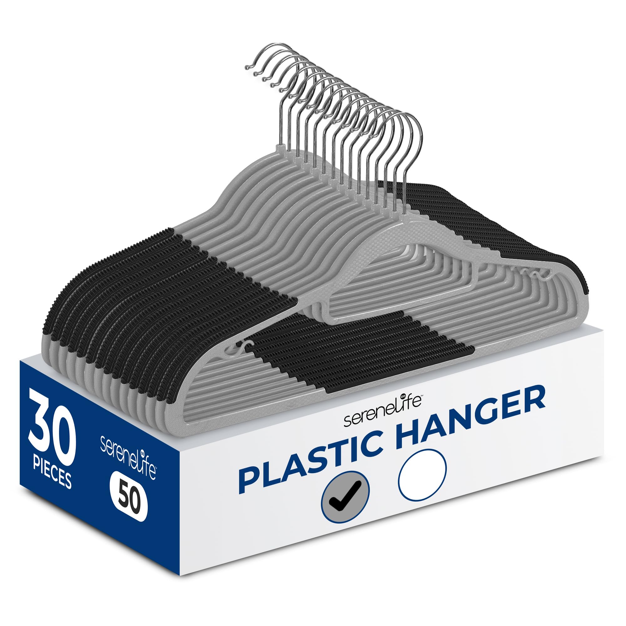 SereneLife Set di 30 grucce in plastica, con cuscinetto in gomma antiscivolo e gancio girevole a 360°, resistenti grucce grigie per camicie, cappotti, pantaloni, vestiti, organizer salvaspazio per