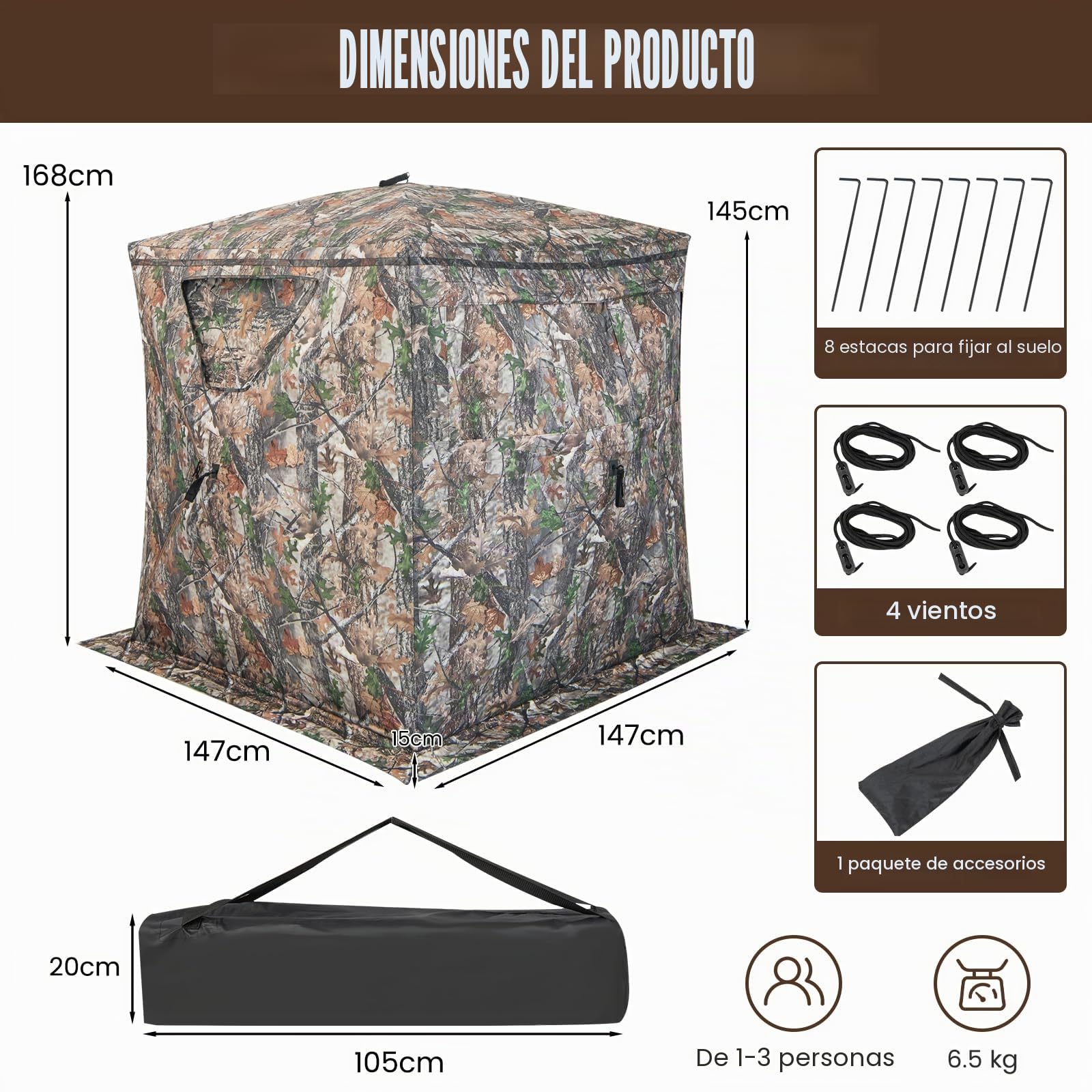 GOPLUS Tienda de Campaña de Caza, Tienda de Camuflaje con Visión de 270° para 2-3 Personas, Tienda de Caza Portátil con Bolsa de Transporte, Escondite de Camuflaje para Caza, Fotografía, Camping