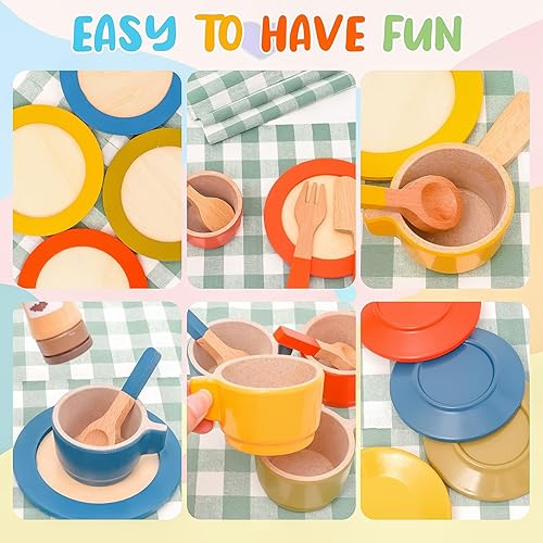 Miniatura 3 de Juego de 30 platos y platos de madera para niños, accesorios de cocina de madera Montessori, juego de vajilla para regalos de niños, juegos de
