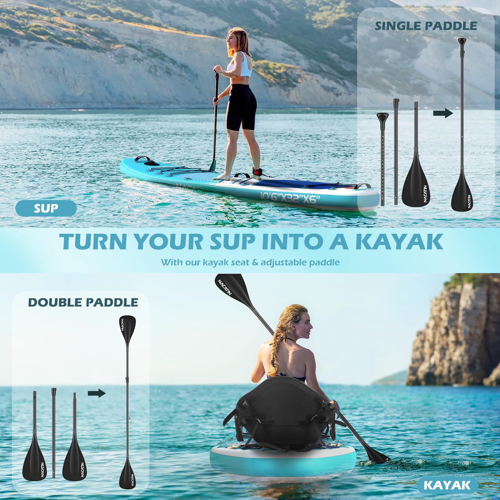 NACATIN - Tableros hinchables de 10'6" con Remo Ajustable Mochila de Viaje, Bomba, Bolsa Impermeable de 10L, Correa, Accesorios incluidos