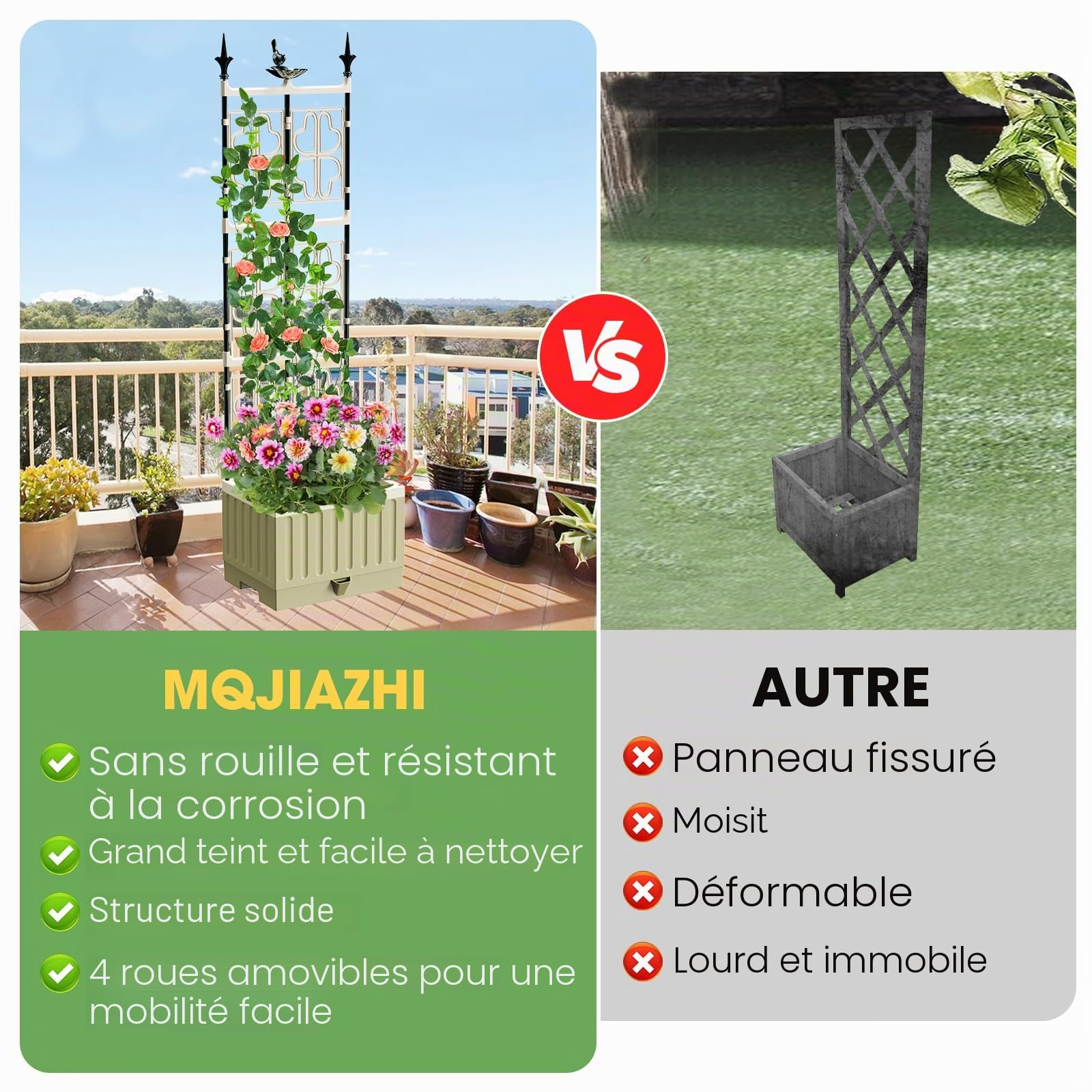 Jardinière surélevée avec treillis en métal, 142 cm, auto-arrosage, jardinière surélevée pour plantes grimpantes, fruits, légumes, fleurs