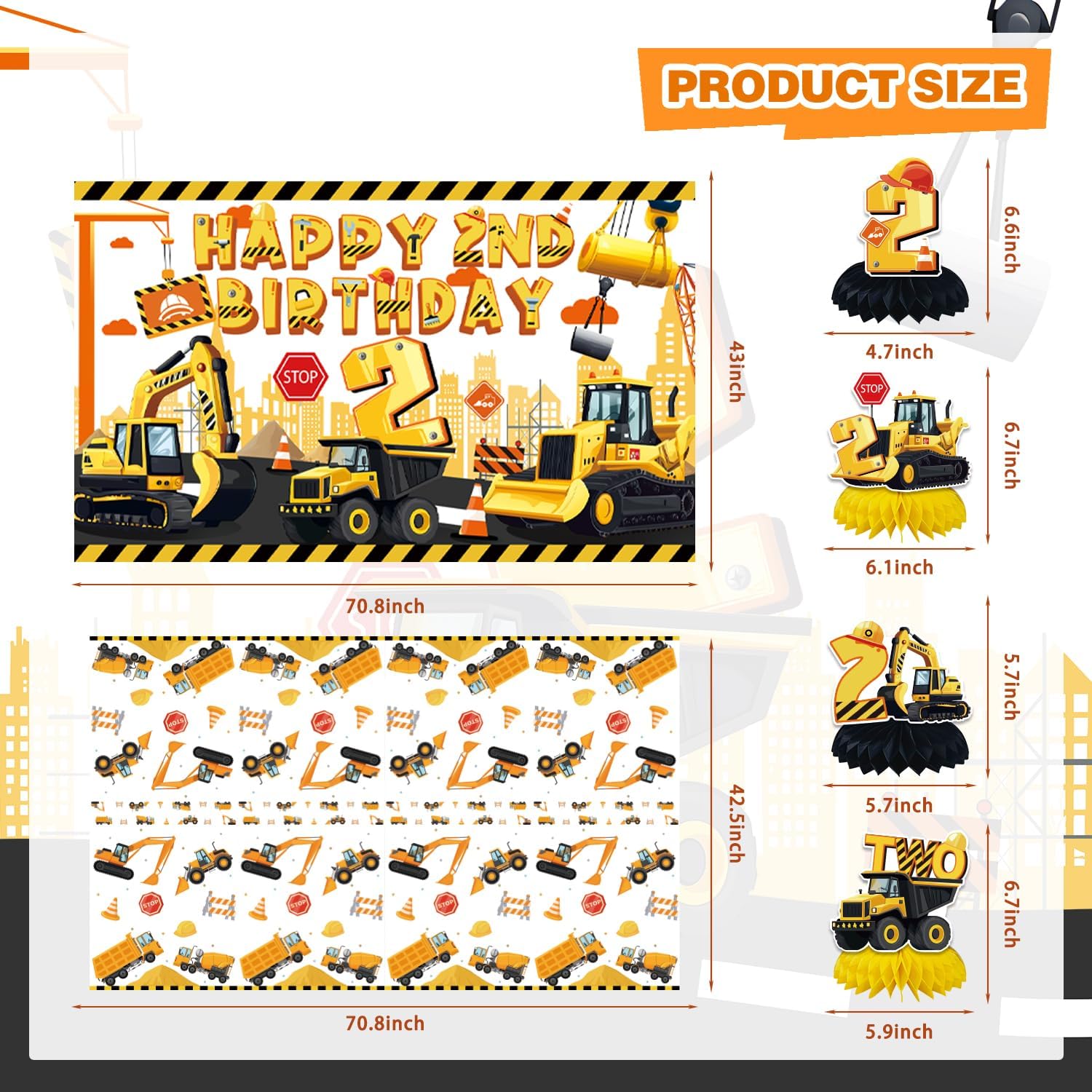 Mpanwen Construction Party Decorations for 2 Year Old Boy, 128Pcs Truck Construction 2nd Birthday Party Supplies for Baby Boys - Backdrop, Wall Signs, Tablecloth, Crown, Poster, Paper Glasses - Image 5
