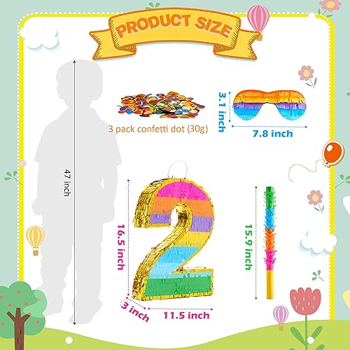 Miniatura 2 de MUWOOB Piñata arcoíris número 2 para decoraciones de fiesta de segundo cumpleaños, piñata de cumpleaños con palo y confeti, celebración de