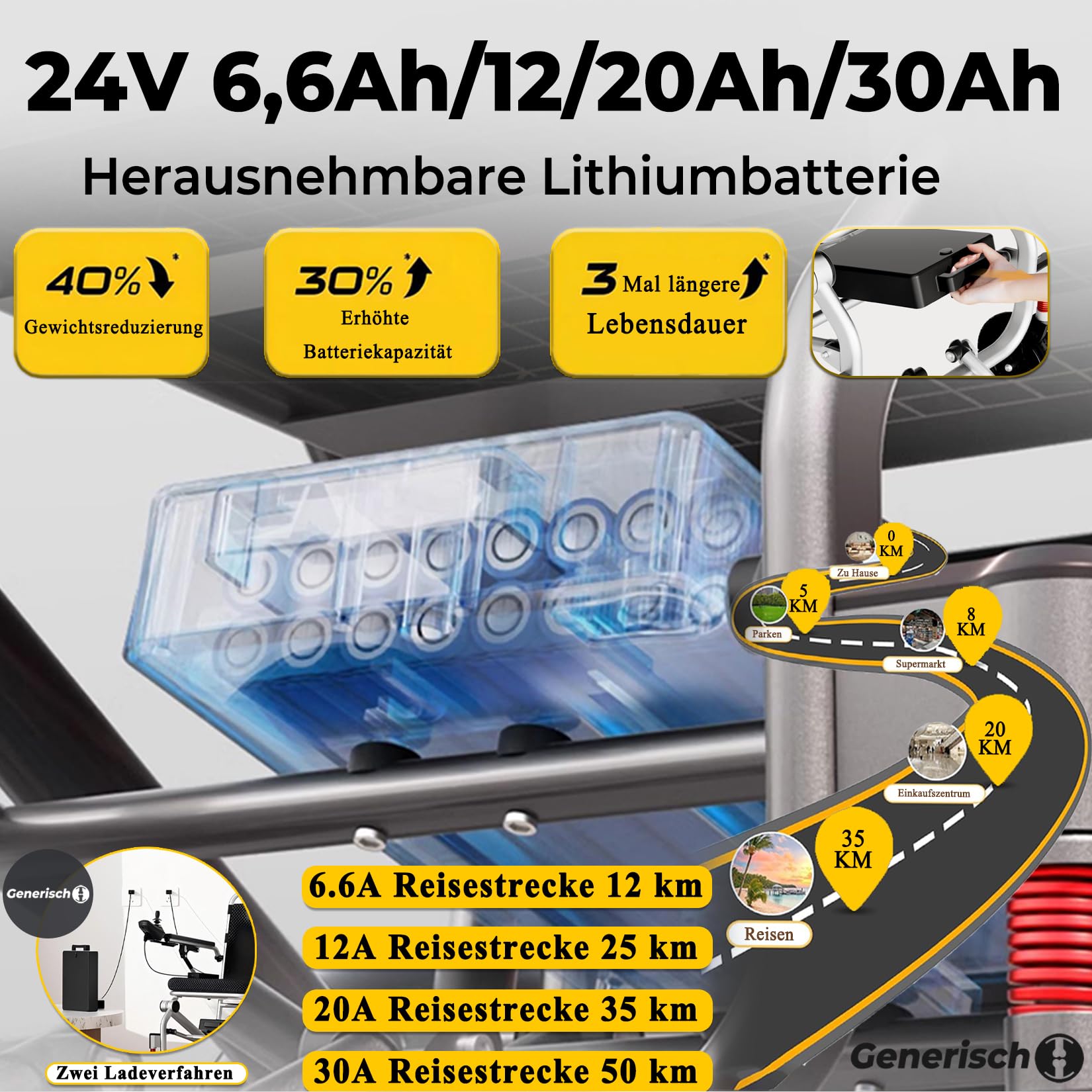 Elektrorollstuhl faltbar ultraleicht 14,9 kg – Reise Rollstuhl elektrisch für Senioren mit Fernbedienung, 400W Motor, 10–50 km, Lithium-Akku, 150 kg Tragkraft (6.6A)