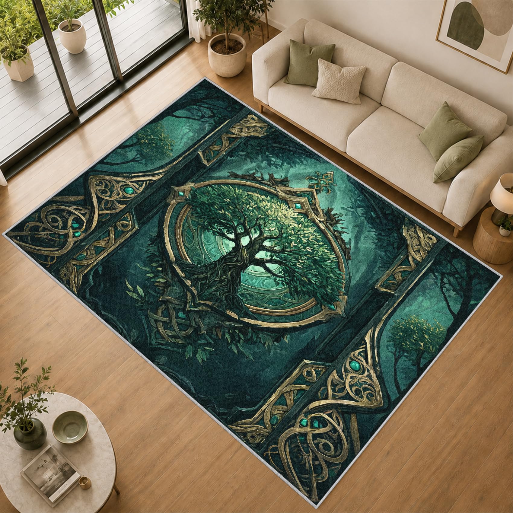 Générique Tapis Arbre de Vie Vert Lavable en Machine Antidérapant 80x150cm