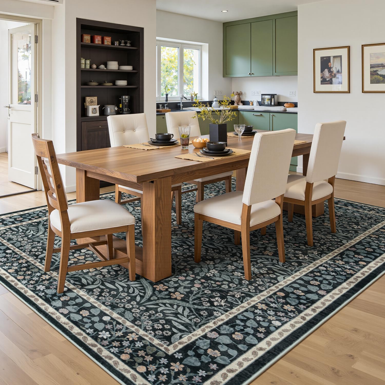 Lofus Black Rug 8x10, Washable Large Living Room Area Rugs Non Slip Low Pile, Boho Floral Carpet for Kitchen Bedroom Dining Room Nursery Home Office, Vintage Farmhouse Forest-Themed Area Rugs