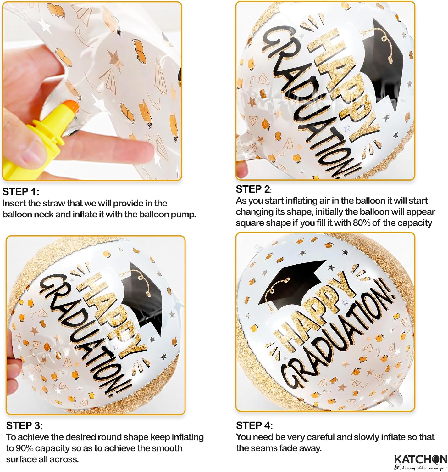 Graduation Decorations 2026 | Graduation Balloons - Pack of 6 | Black and Gold Mylar Foil Balloons for Grad Decorations Class of 2026 | Graduation Party Supplies with Graduation Cap Balloon, KatchOn