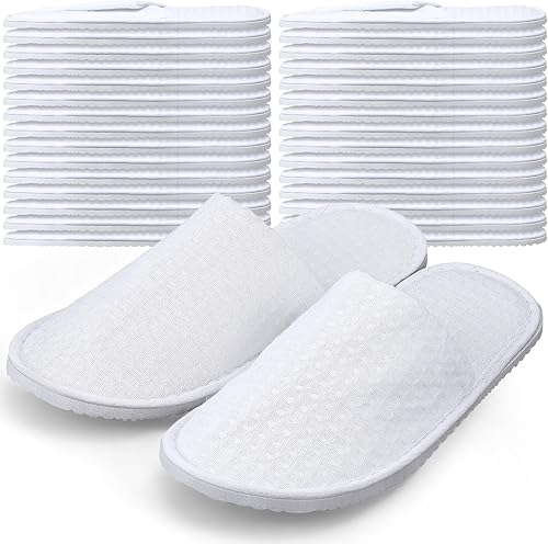 24 pares de pantuflas de punto gofre, desechables, blancas, antideslizantes, con punta cerrada, para hotel, casa, invitados, unisex, lavables,