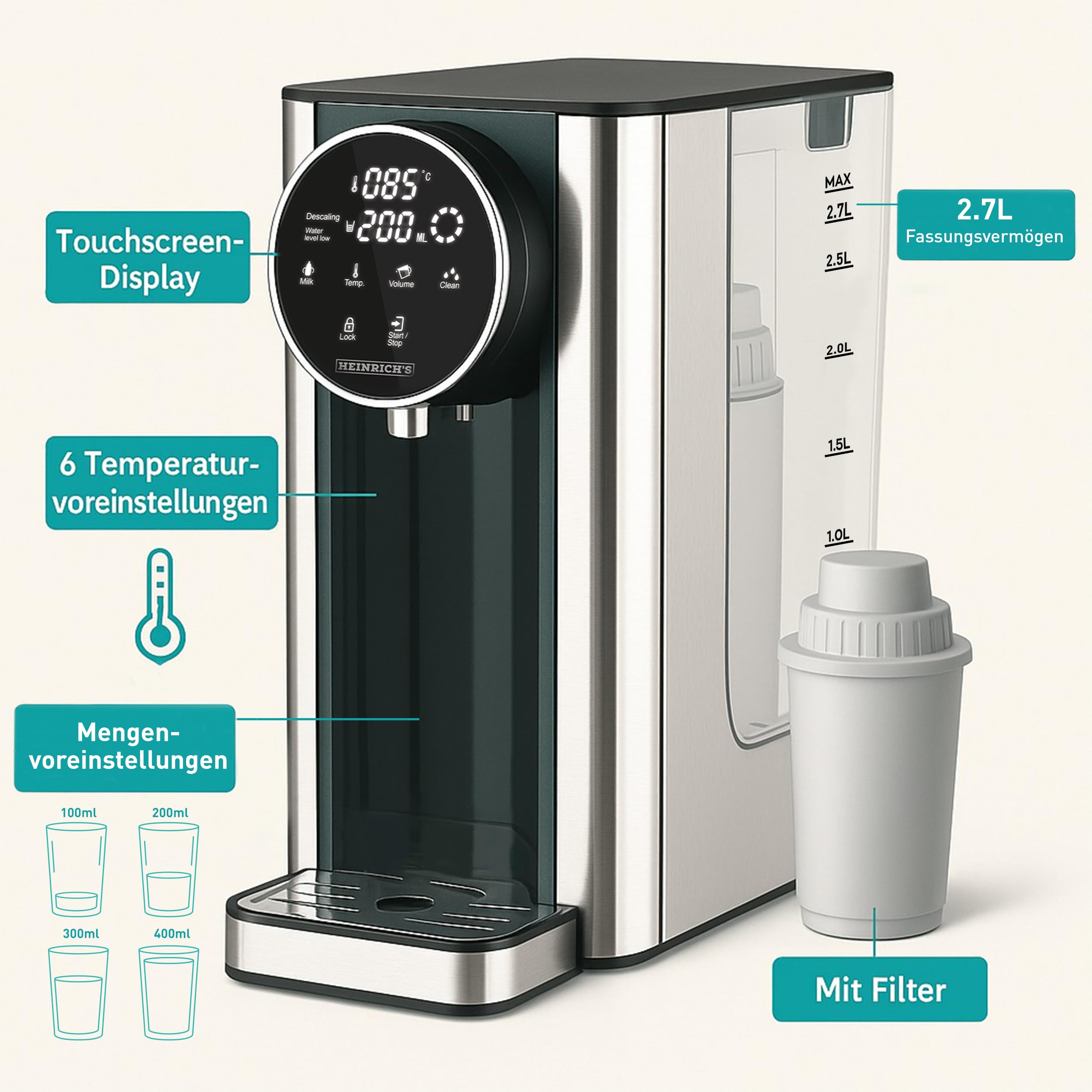 Heinrich´s Heißwasserspender-Heißes Wasser auf Knopfdruck zwischen 40°-100°C,Wassermenge 100ml-400ml auswählbar, für Babynahrung geeignet, Inkl.Reinigunsfunktion+Filter, Touch-Display, 2.7