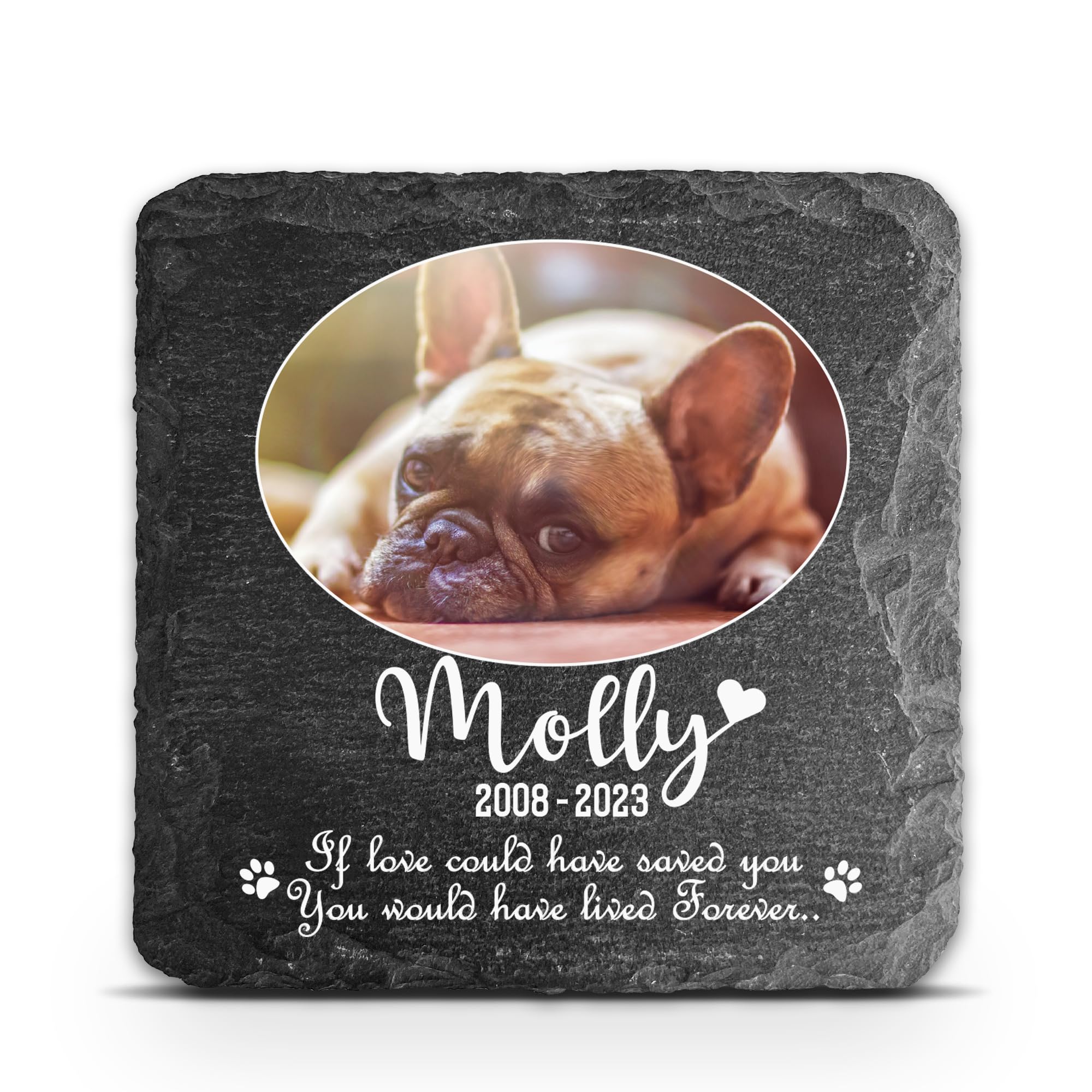TULLUN Personalised Dark Grey Square Shape Memorial Plaque For Pet Cat Dog Slate Stone Rock Frame Paw Grave Marker - Size 3,94" x 3,94" or 100 x 100 mm - Oval Photo — image 1