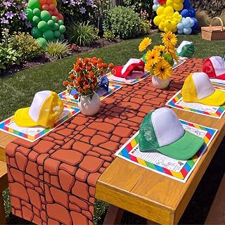 Breling Super Themed Party Decorations Pixel Linen Red Brick Table Runner | 2 x 6 ft Racetrack Party Supplies, Super Table Colths Decor, Cartoon Comic Game Room Home Indoor Birthday Decor