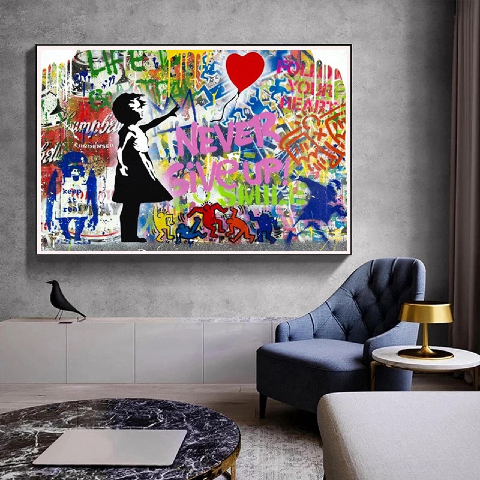 Banksy Never Give Up Balloon Girl and Monkey Leinwand Gemälde Street Graffiti Art Cafe Bar Decor Wandposter Bilder Figurenmalerei 60x90cm Innenrahmen