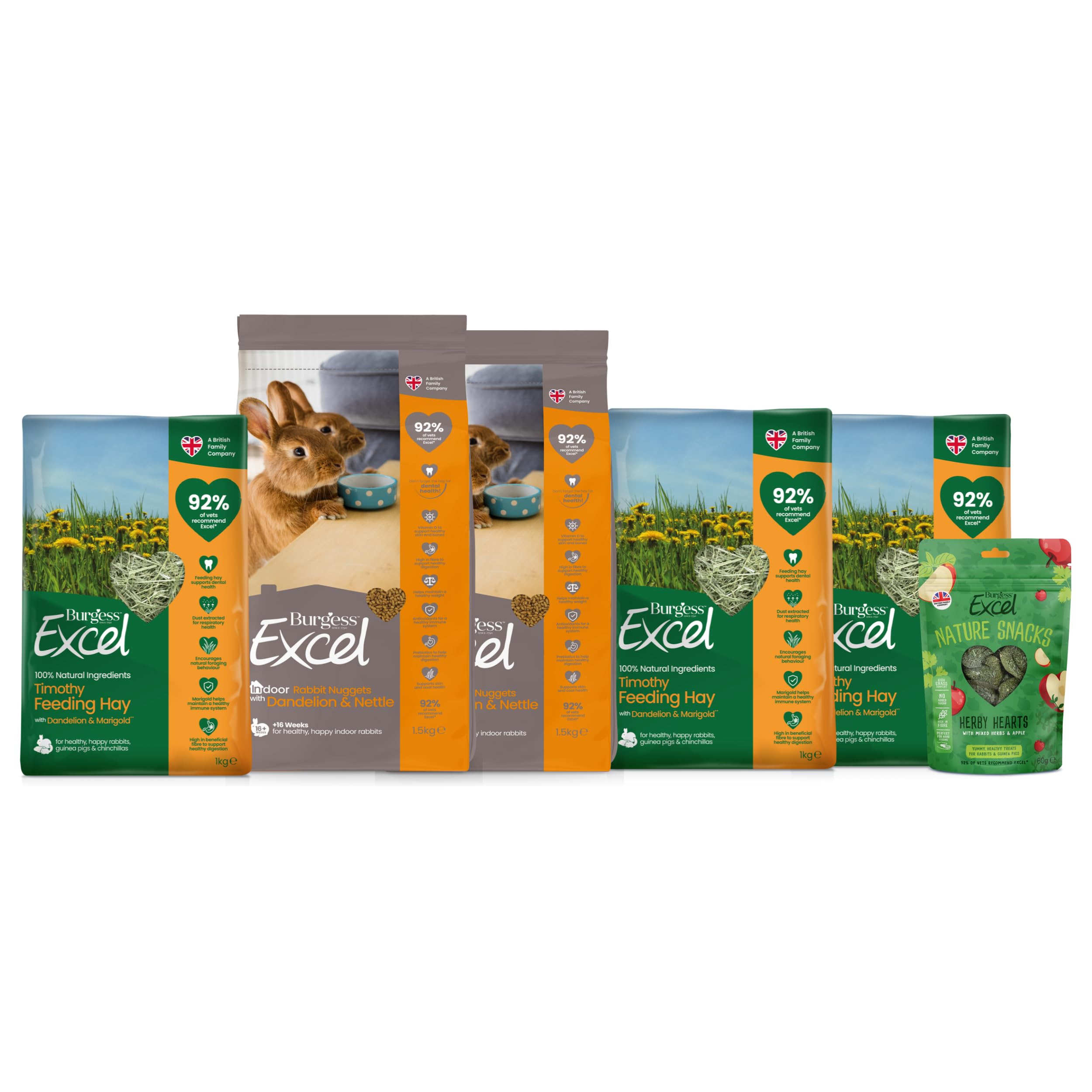 Burgess Excel 3KG Indoor Rabbit Food, 3KG Feeding Hay & Treat Value Bundle – Rabbit Nuggets, Treats, Dandelion & Marigold Feeding Hay for Indoor Rabbits – Dust Extracted Timothy Hay