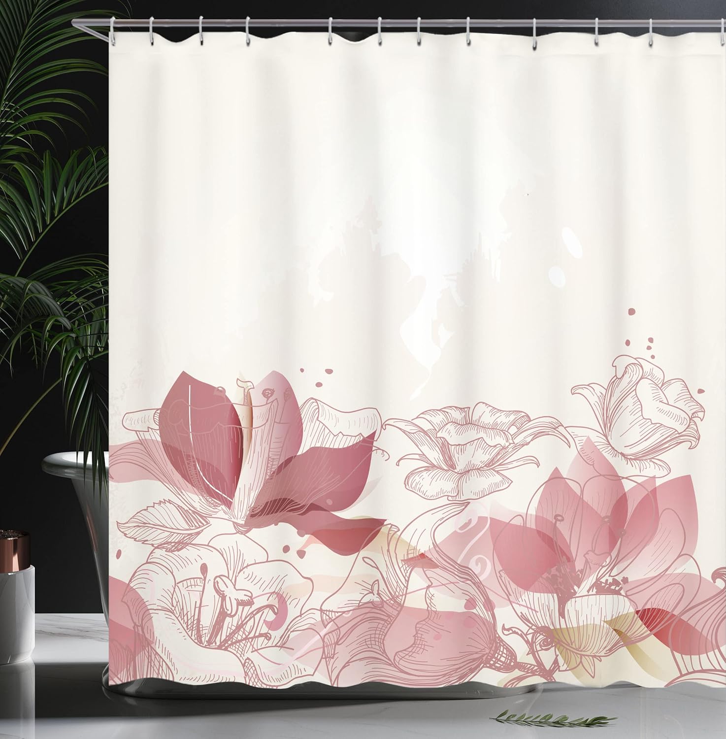 Ambesonne Flower Shower Curtain, Retro Floral Background Hibiscus Silhouettes Dramatic Romantic Nature Art, Cloth Fabric Bathroom Decor Set with Hooks, 69" W x 75" L, Dried Pink Rose