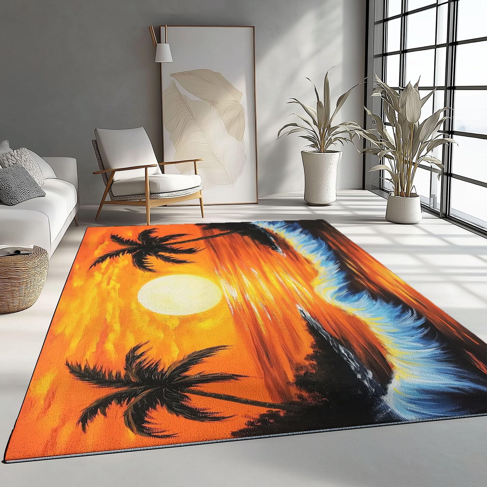 Tapis vagues de palmiers orange 130x150cm lavable et antidérapant