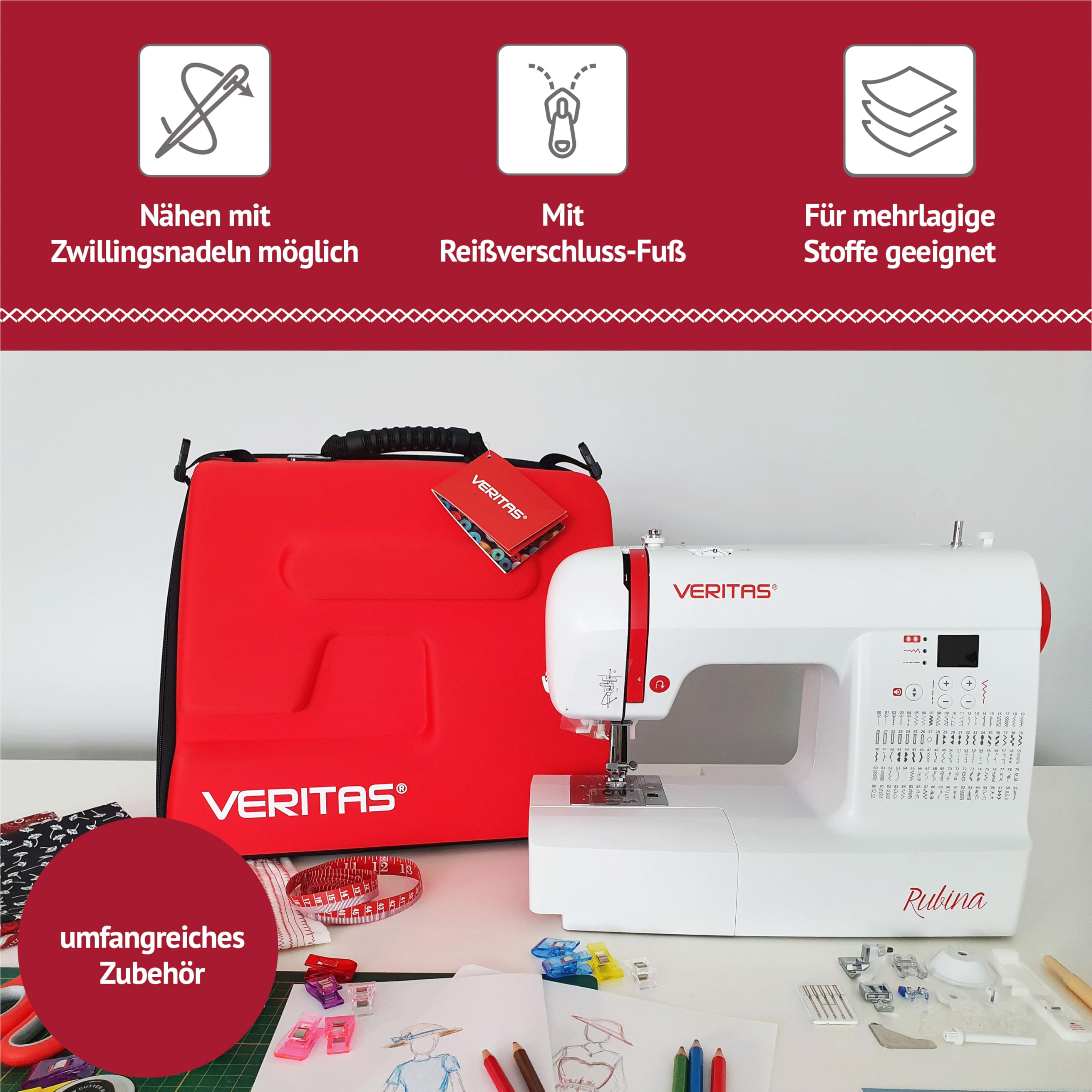 VERITAS Máquina de coser Rubina I Máquina de coser digital para ordenador, 100 programas de puntada, tensión de hilo automático y ayuda para enhebrar, cortahilos, longitud de puntada ajustable,