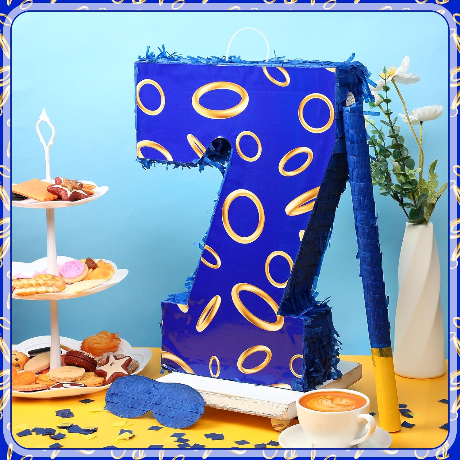 Simgoing Number 7 Blue and Golden Rings Piñata for Kids Birthday Cartoon Theme Small Piñata with Blindfold Stick Confetti for Fiesta Cinco De Mayo Party Decor, 15.8 x 11 x 2.8 Inch
