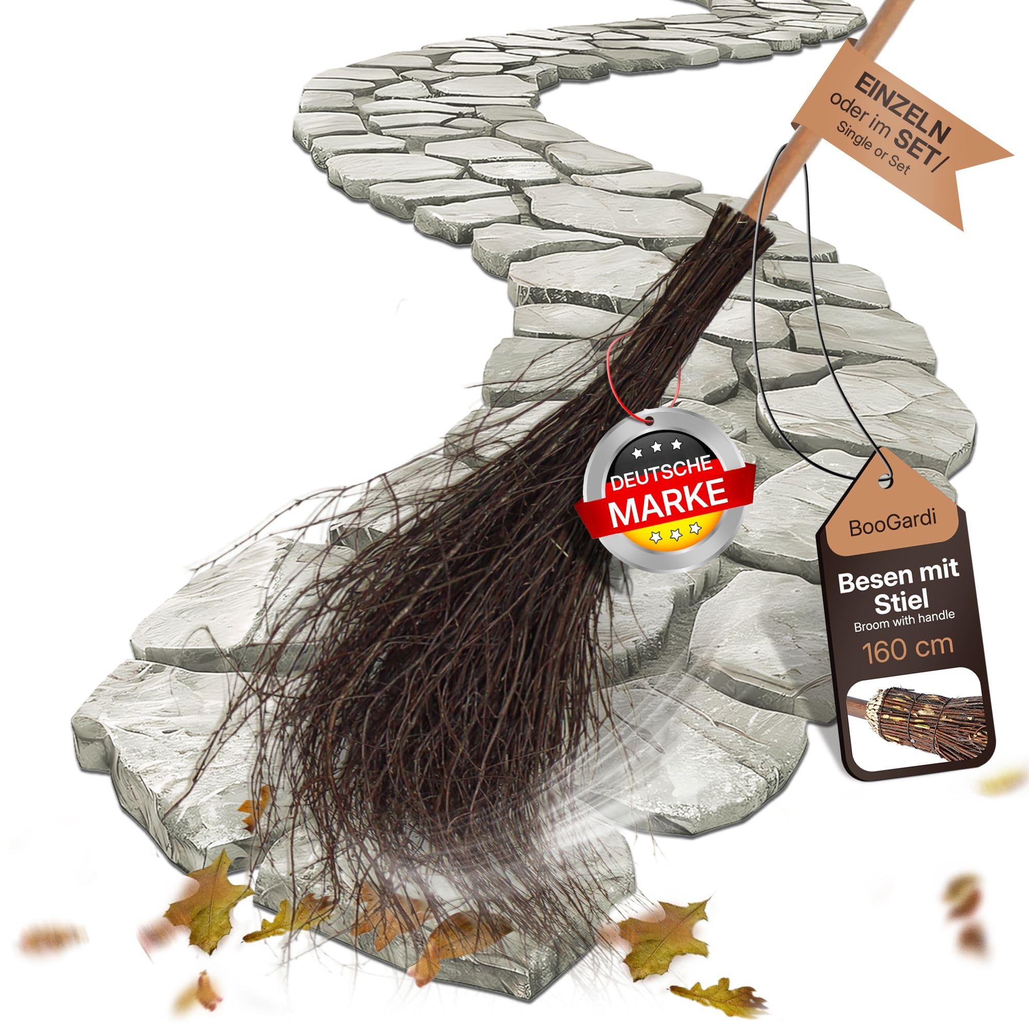 BooGardi Hexenbesen Kinder · 5X Reisigbesen mit Stiel 160cm lang · Kehrbesen aus Birkenzweigen · Deko Besen für Halloween Hexe & Karneval · Birkenbesen Gartenbesen