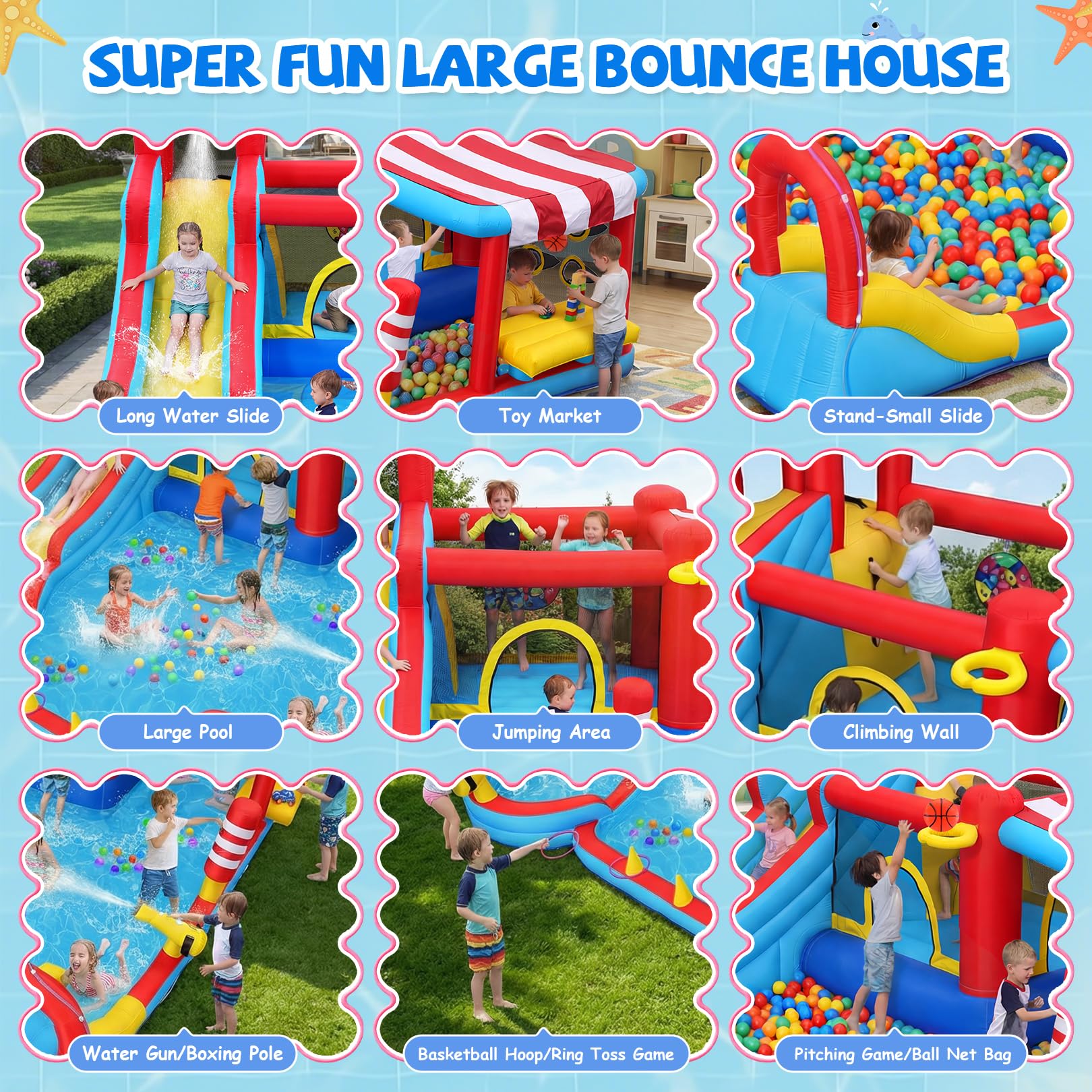 Tobogán acuático Inflable 15 en 1 Castillo Hinchable con tobogán Largo y Piscina Grande, Soporte para Aperitivos con toldo, Mini tobogán, Niebla y cañones de Agua para niños, jardín, Fiesta al Aire