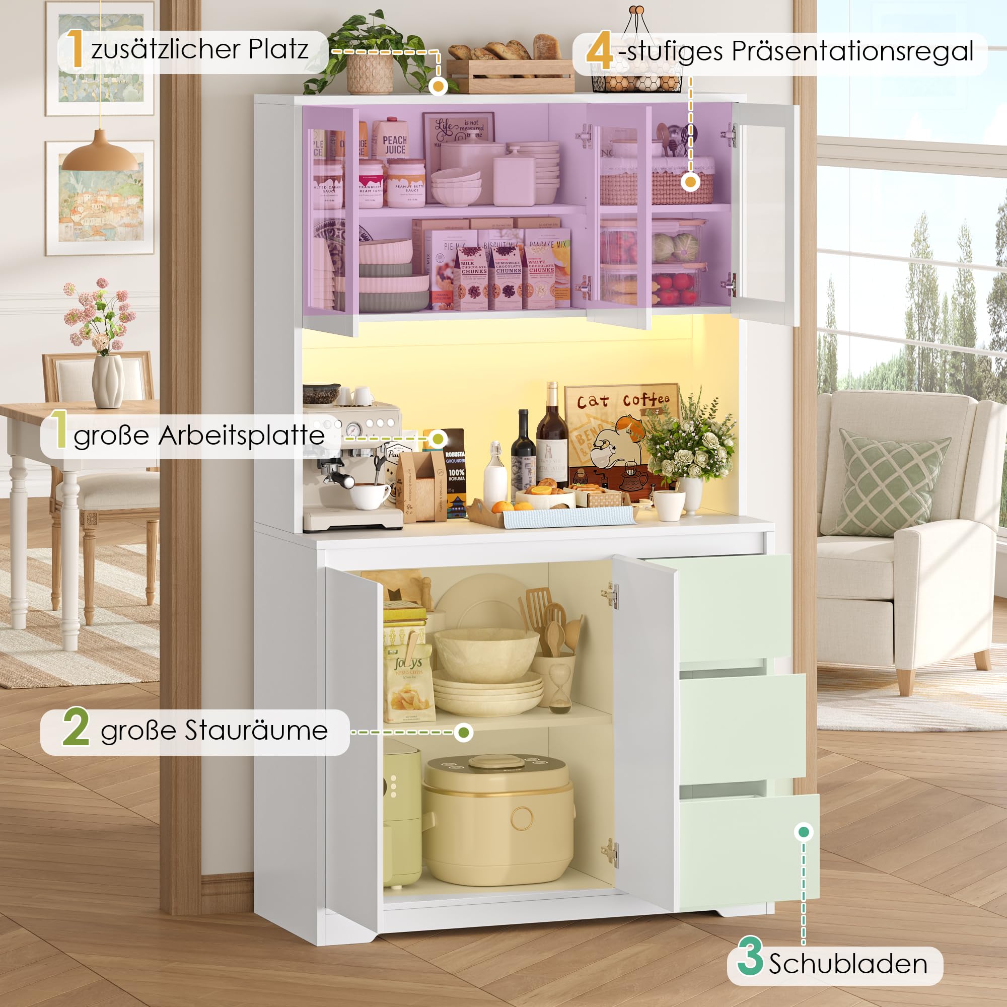 FirFurd 180 cm Küchenschrank Buffetschrank mit LED & Steckdosenleiste Vorratsschrank mit verstellbaren Einlegeböden Küchenschrank mit Arbeitsplatte Sideboard für Küche, Esszimmer 180x100x38,5 cm Weiß