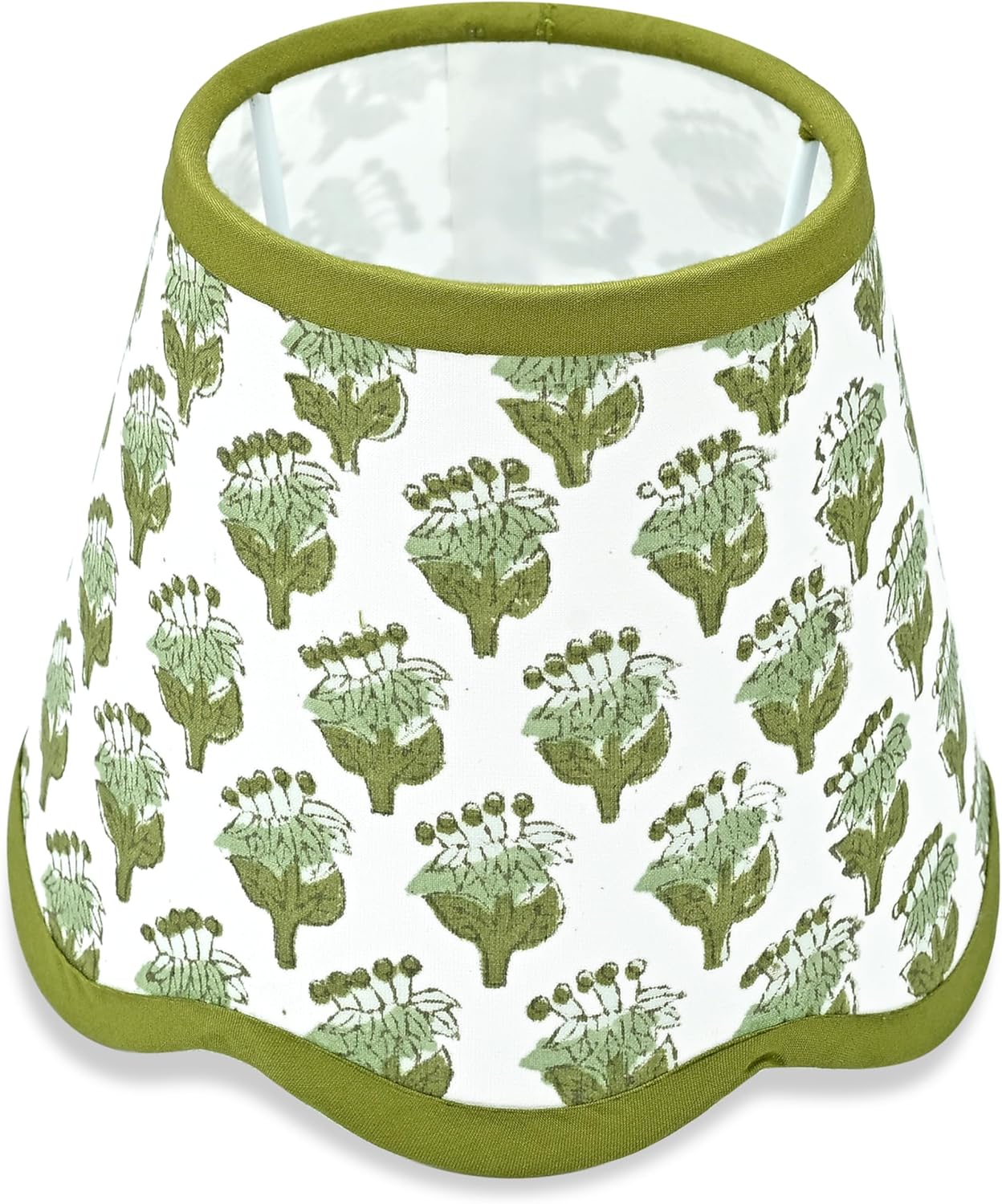 CPC Cotton Print Club Emerald Green Scallop Block Print Uno Cotton Lampshade Floral Medium 4 Top x 6 Bottom x 5 Slant inch for Table Lamp, Home Décor Gift For Spring, Easters